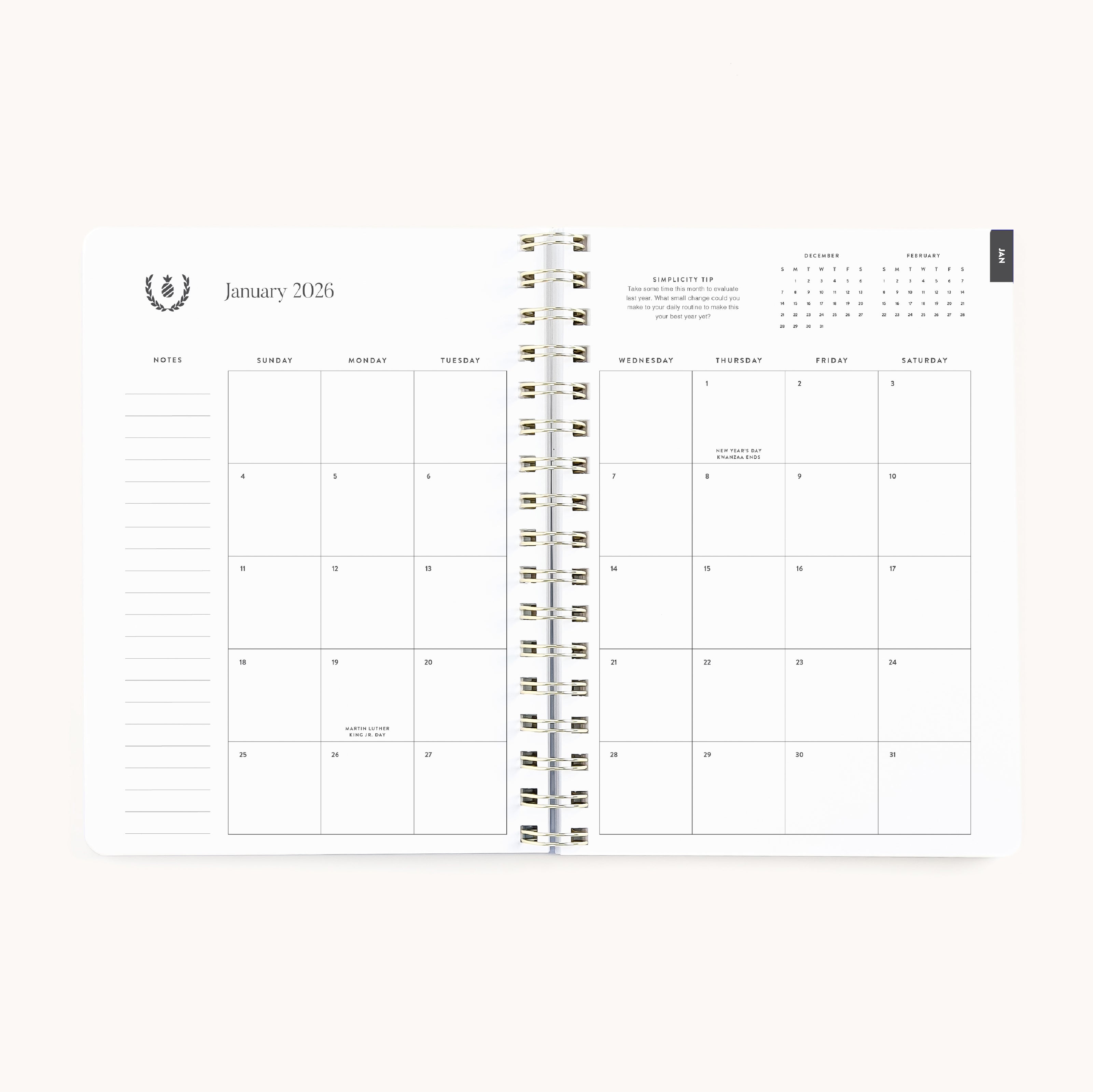 The Simplified 2026 Softcover Weekly Planner - Happy Stripe features a spiral binding, a two-page monthly spread for January 2026, lined notes on the left, and mini calendars for December 2025 and February 2026—ideal for simplified planning.