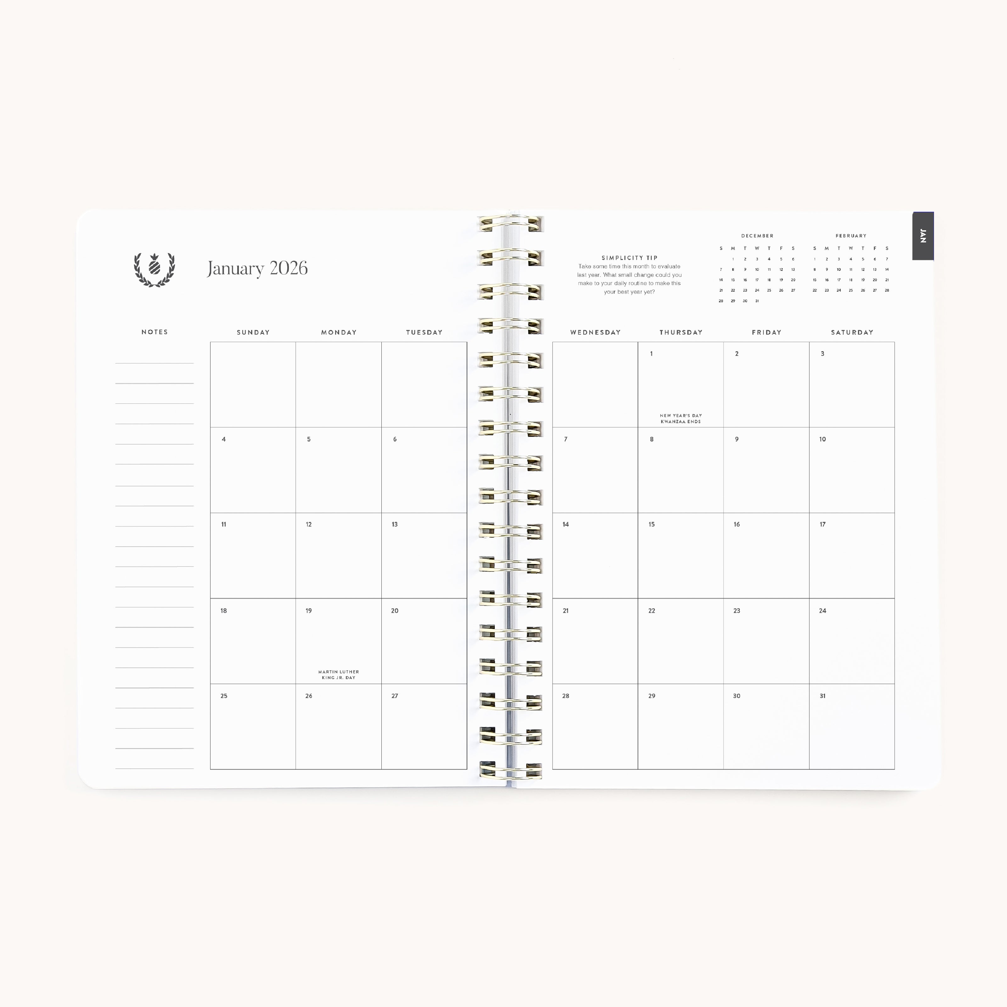 The Simplified 2026 Softcover Weekly Simplified Planner in Ivory Antelope features a January 2026 monthly calendar with note space, a mini February calendar, minimalist black text, spiral binding, and a softcover design.