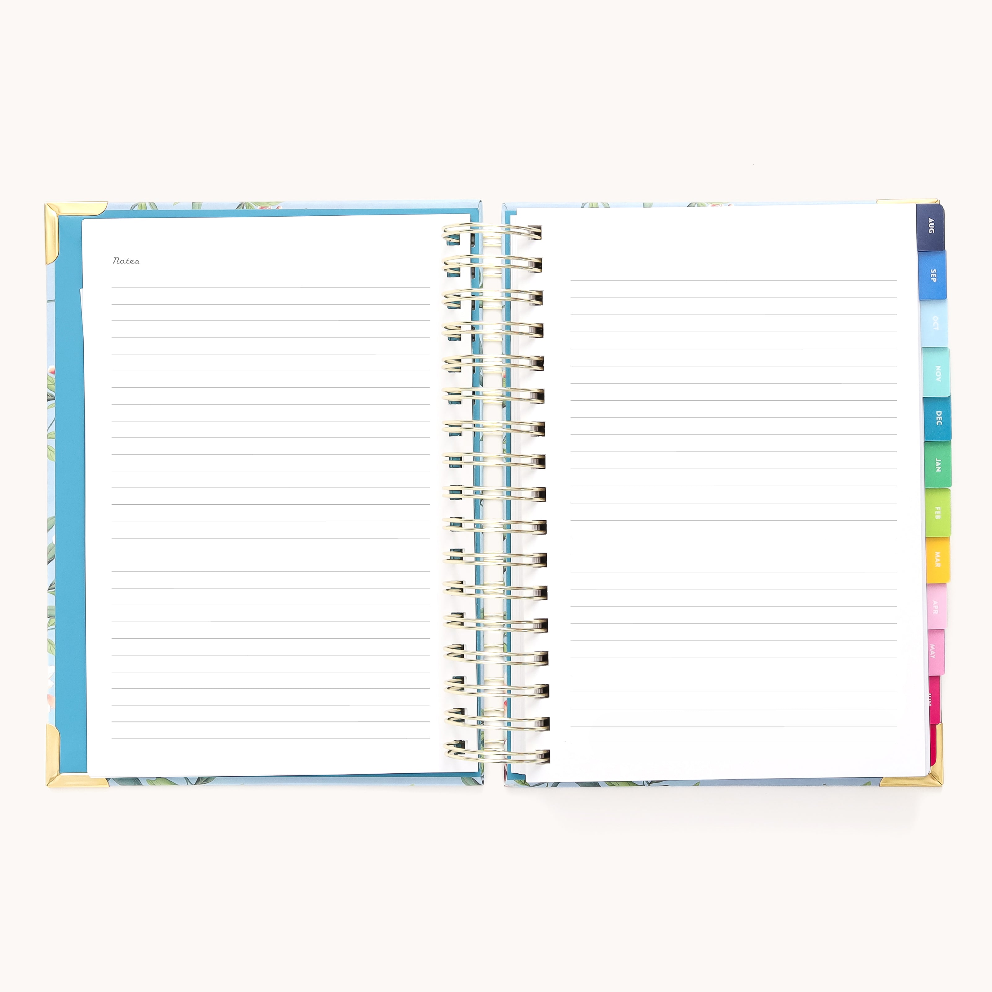 The 2025-2026 Spiral Daily Simplified Planner - Faraway Land features a decorative blue border with gold foil on the cover. The right side has colorful tab dividers labeled for organization, while the left page is marked Notes, providing an organized look akin to a Simplified Planner.