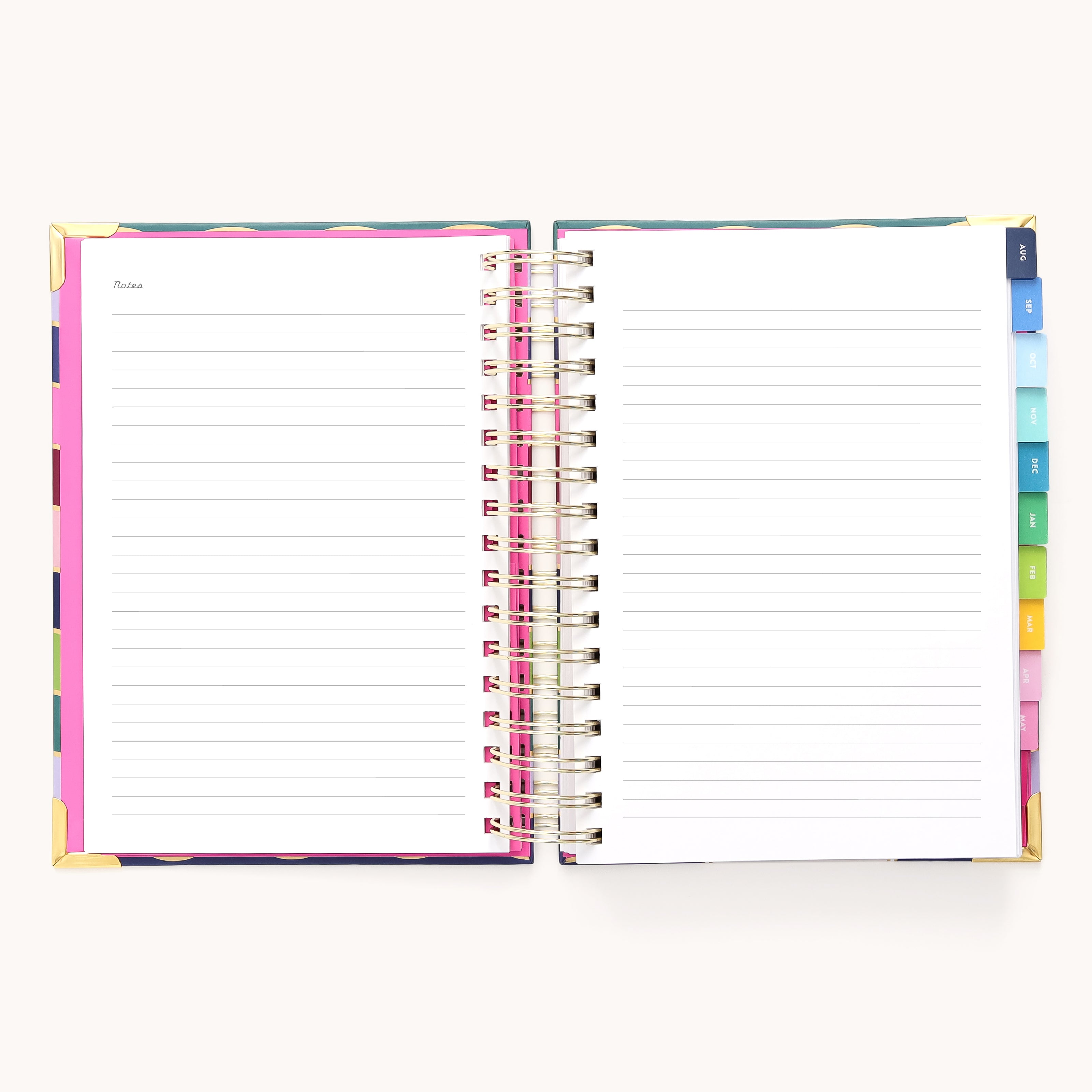 The 2025-2026 Spiral Daily Simplified Planner by Simplified features a vibrant rainbow pattern cover with gold foil accents, colorful tabs on the right, and lined pages labeled Notes on the left. Ideal for simplification in prep work.