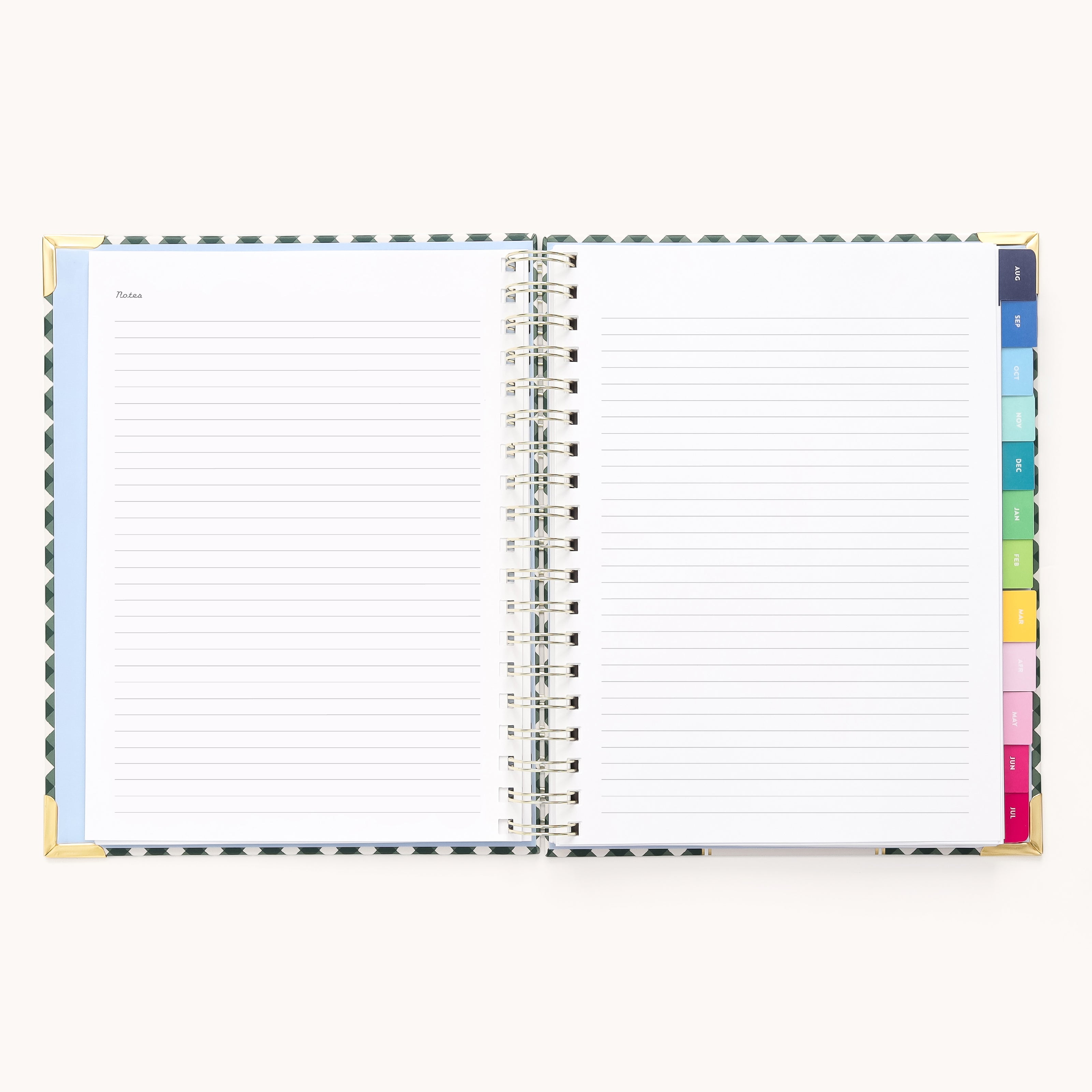 The 2025-2026 Spiral Weekly Simplified Planner - Camp Gingham by Simplified features a geometric pattern cover with gold foil details, colorful tabs on each pages right edge, and Notes at the top of the left page. Ideal for fans of the Simplified Planner aesthetic.
