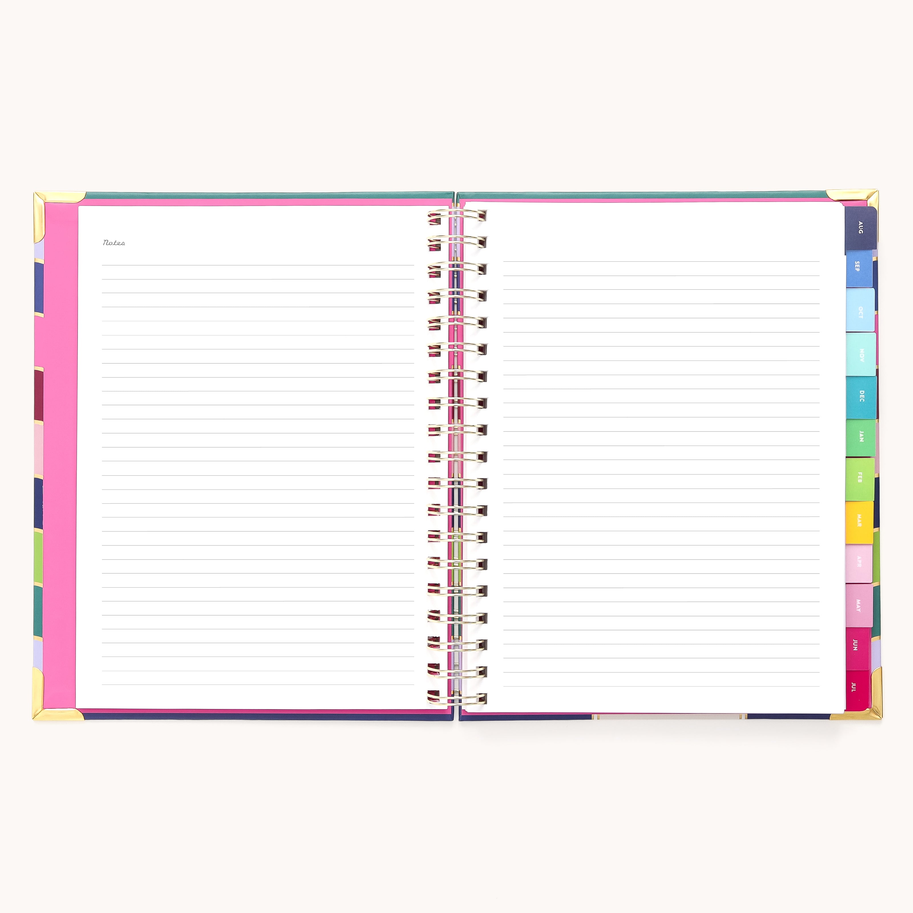 The 2025-2026 Spiral Weekly Simplified Planner - Rainbow Row by Simplified features an open design with lined white pages, multicolored margins, dividers with tabs for organization, and gold foil accents on the cover. A faint header reads Notes on one page against a plain background.