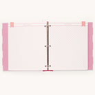 The Big Kid Book - Raspberry by Simplified is an open binder with a ring mechanism, showcasing colorful pages with light pink diagonal stripes. Proud Moments and Best Bodies are on the pink banner, while pink polka-dotted dividers frame the growing childs adventures.