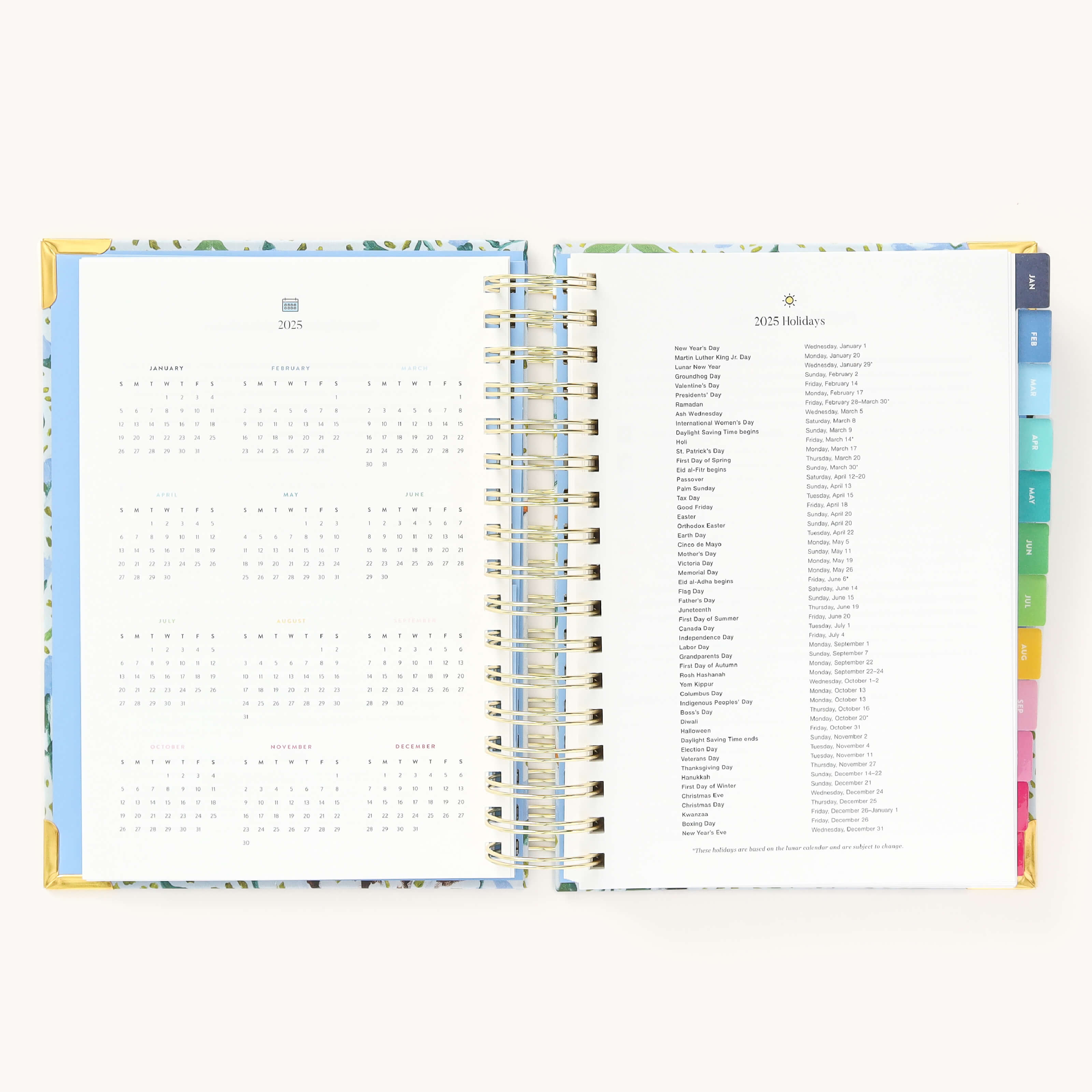 2025 Daily Simplified Planner by Emily Ley in the Beaufort Birdies cover design open to the yearly calendar overview and holidays list. Features a two-page spread with a full 12-month calendar view on the left and important U.S. holidays on the right.