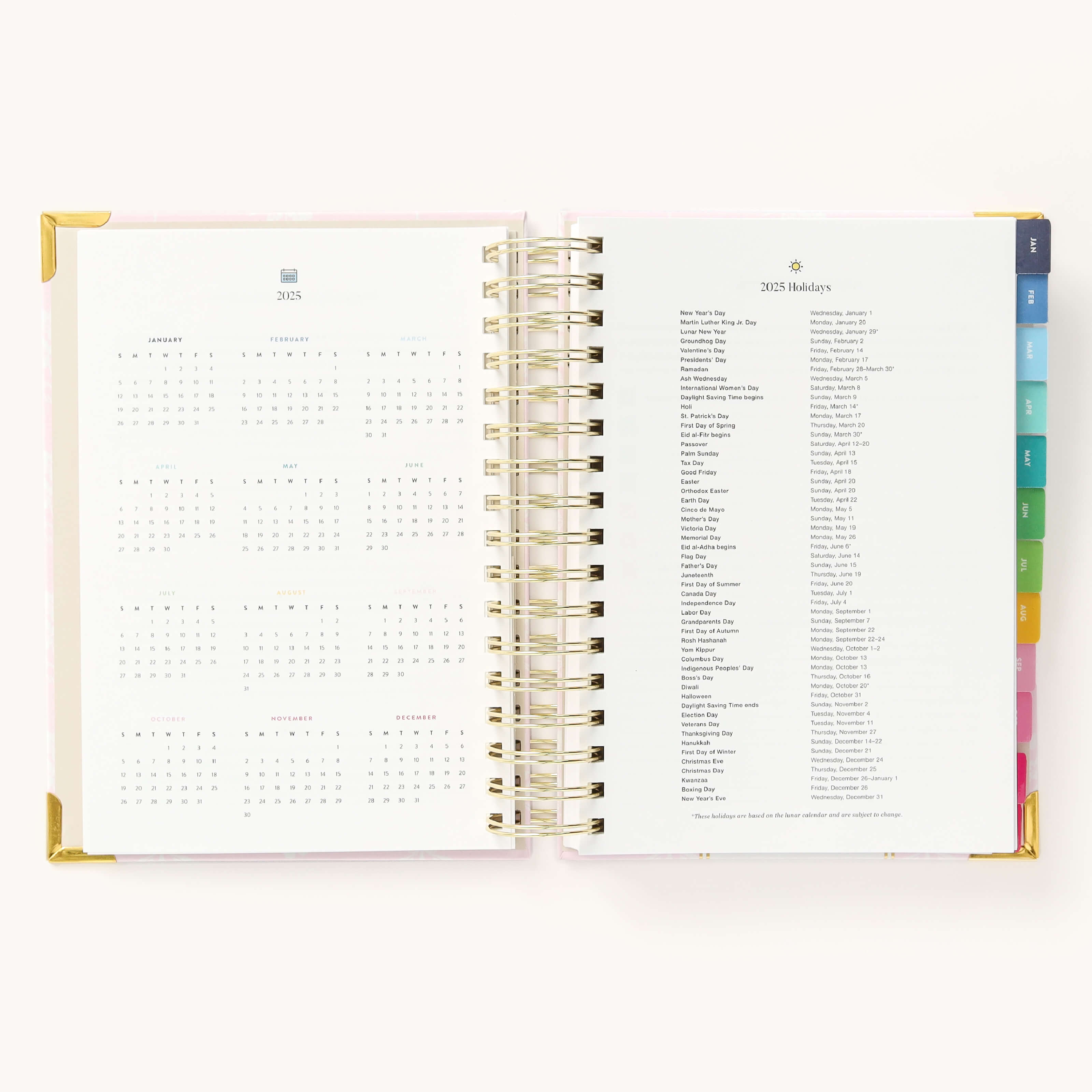 2025 Daily Simplified Planner by Emily Ley in the Blush Block cover design open to the yearly calendar overview and holidays list. Features a two-page spread with a full 12-month calendar view on the left and important U.S. holidays on the right.