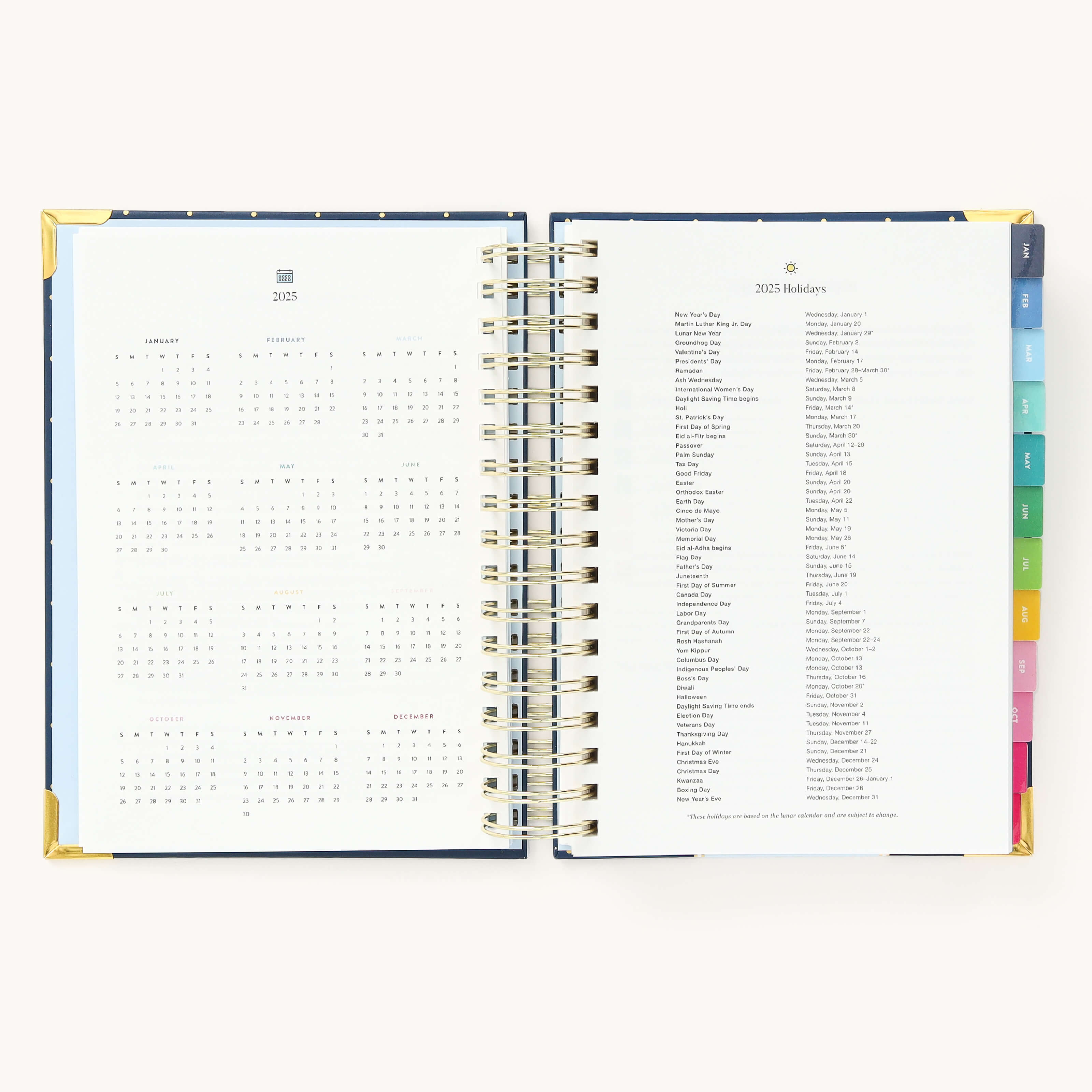 2025 Daily Simplified Planner by Emily Ley in the Dainty Dot cover design open to the yearly calendar overview and holidays list. Features a two-page spread with a full 12-month calendar view on the left and important U.S. holidays on the right.