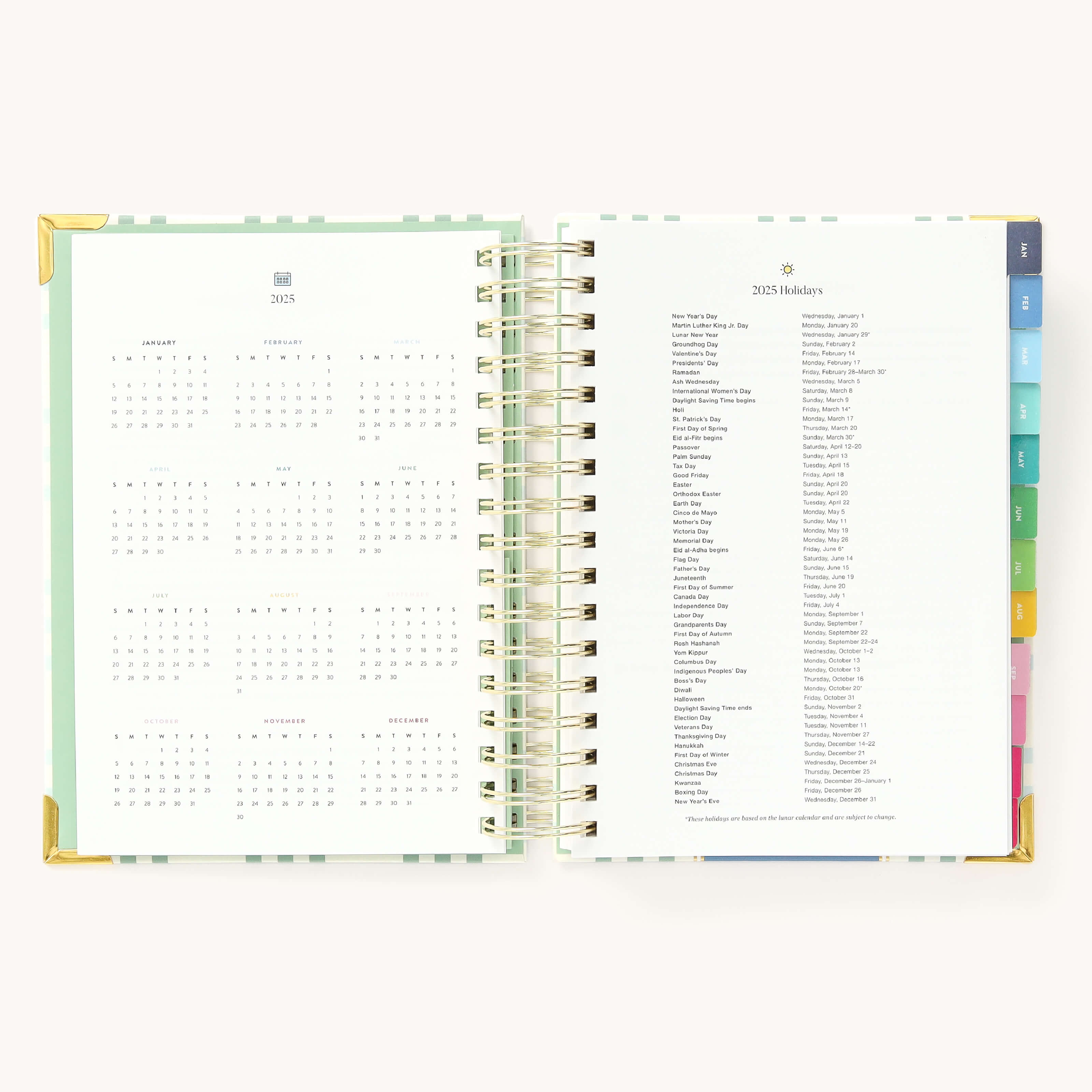 2025 Daily Simplified Planner by Emily Ley in the Pistachio Plaid cover design open to the yearly calendar overview and holidays list. Features a two-page spread with a full 12-month calendar view on the left and important U.S. holidays on the right.