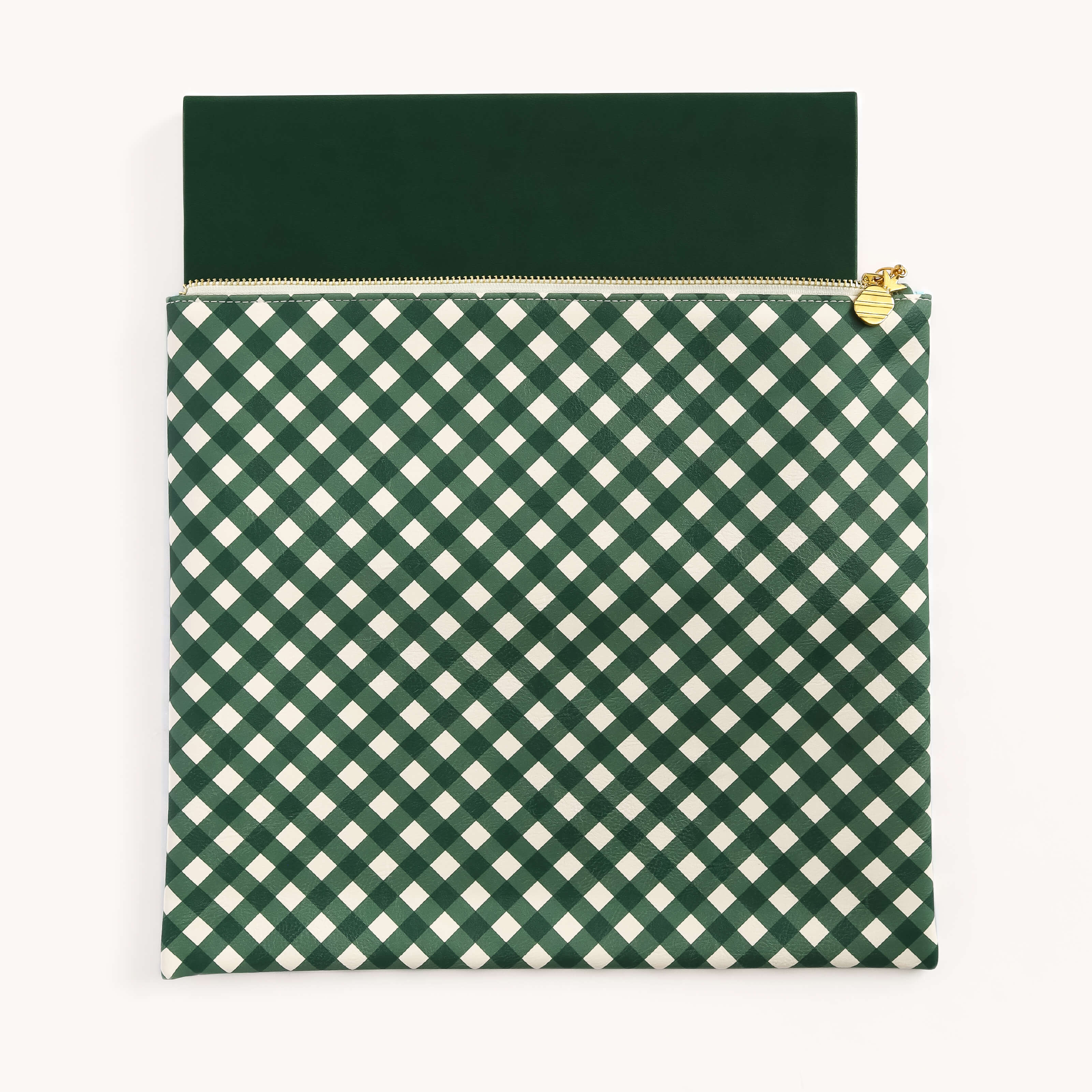 The Planner Pouch - Camp Gingham by Simplified features a stylish green and white checkered design, crafted with a leatherette exterior, complemented by a gold zipper and a dark green flap.