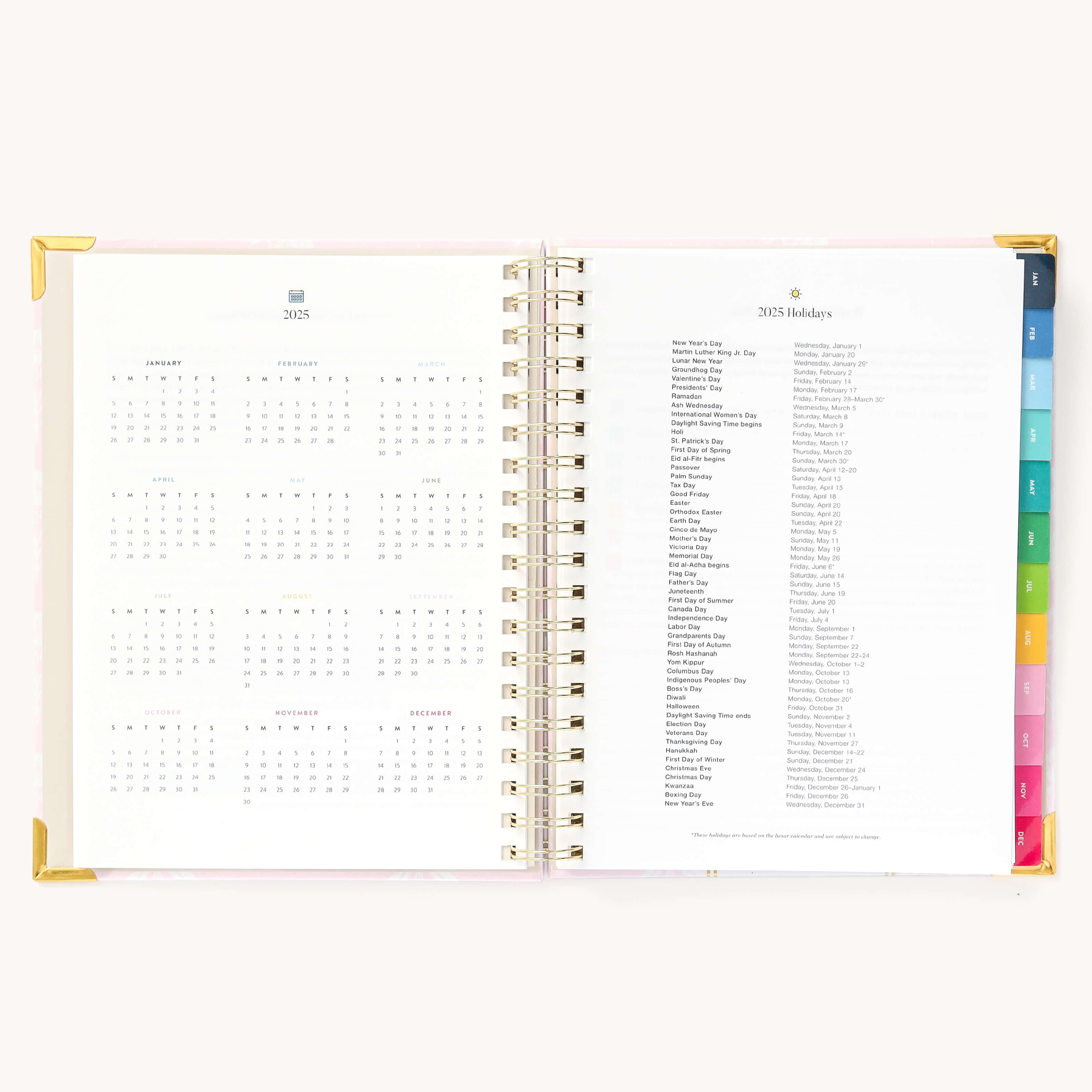 2025 Weekly Simplified Planner by Emily Ley in the Blush Block cover design open to the yearly calendar overview and holidays list. Features a two-page spread with a full 12-month calendar view on the left and important U.S. holidays on the right.