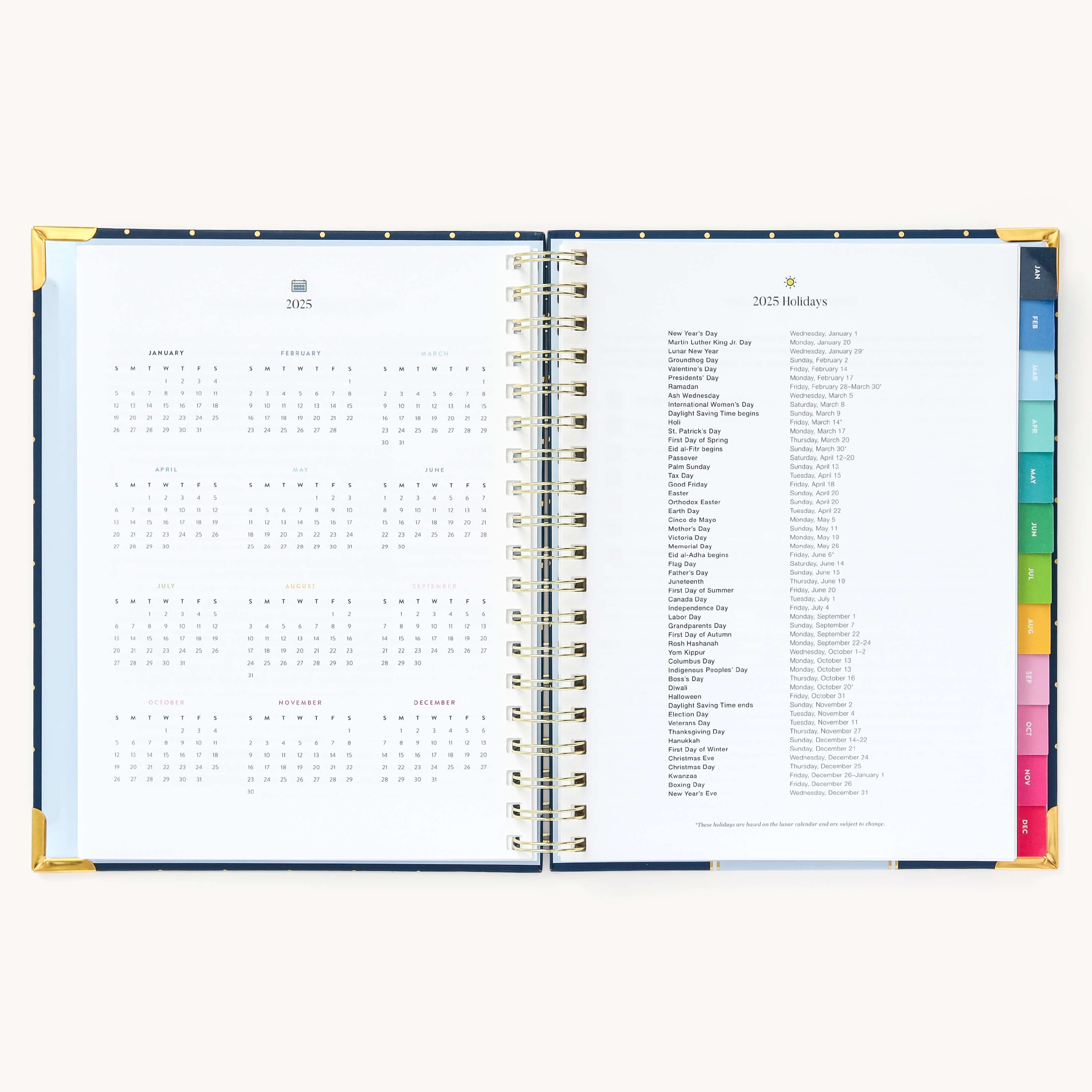 2025 Weekly Simplified Planner by Emily Ley in the Dainty Dot cover design open to the yearly calendar overview and holidays list. Features a two-page spread with a full 12-month calendar view on the left and important U.S. holidays on the right.
