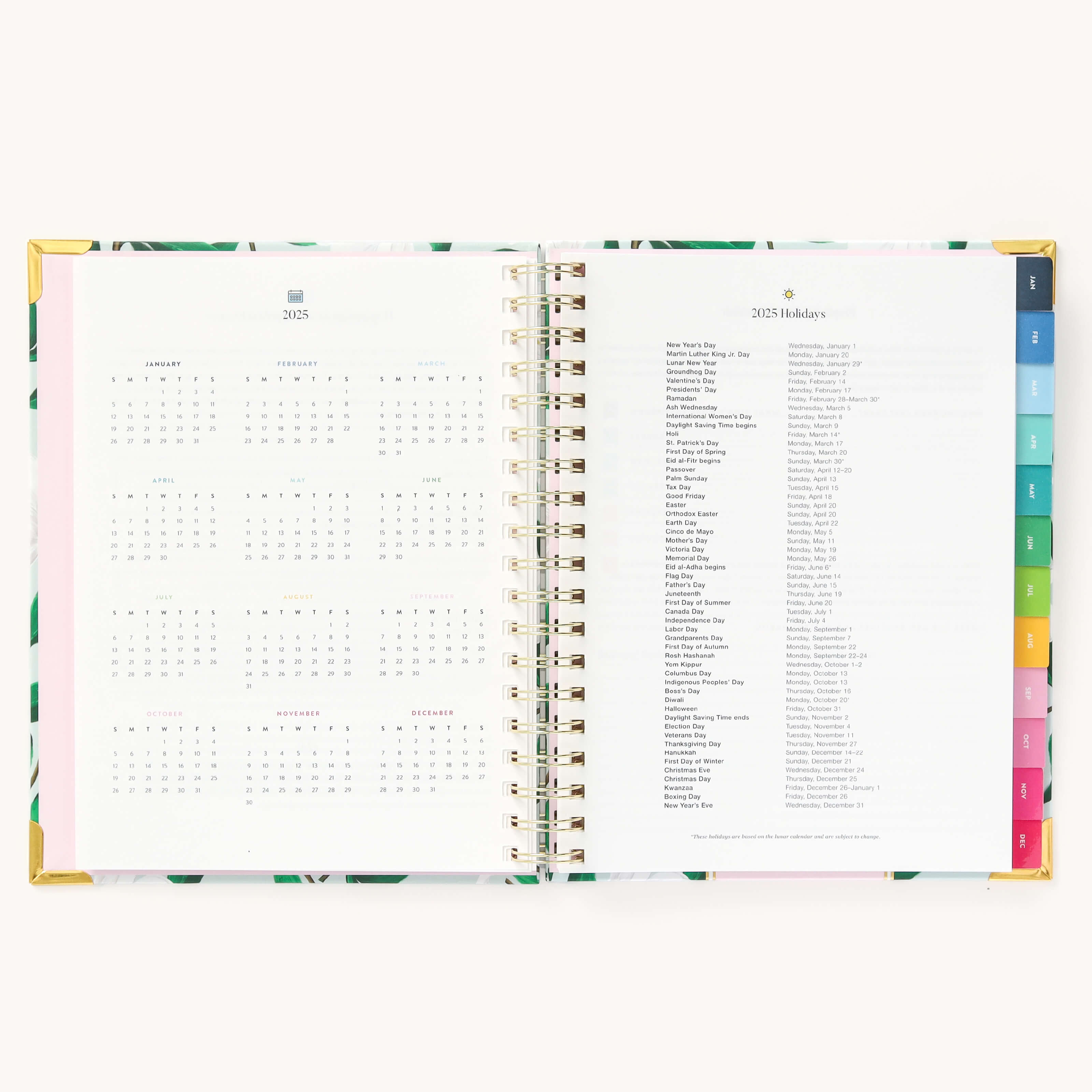 2025 Weekly Simplified Planner by Emily Ley in the Savannah Blooms cover design open to the yearly calendar overview and holidays list. Features a two-page spread with a full 12-month calendar view on the left and important U.S. holidays on the right.
