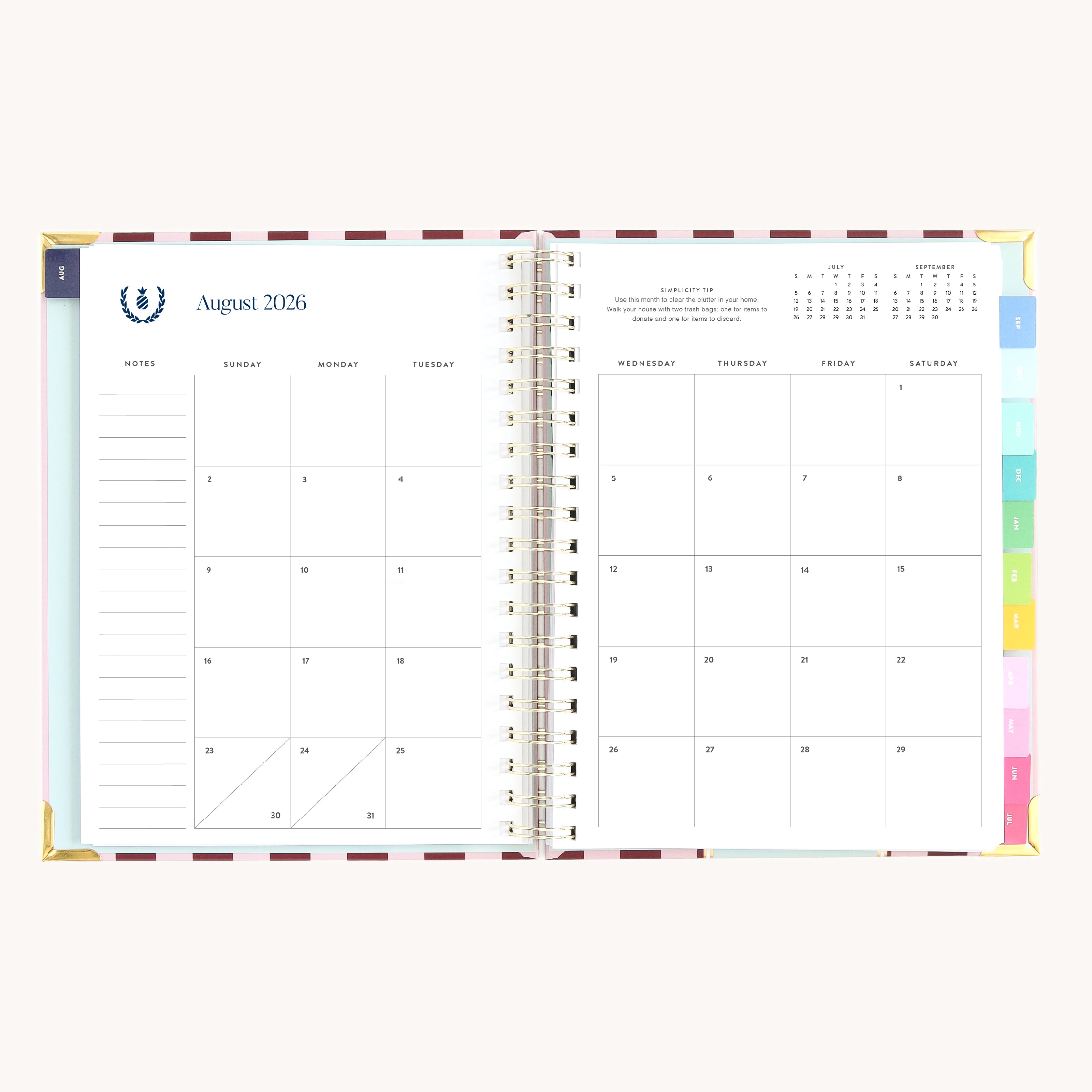 August monthly calendar spread in spiral weekly planner with clean layout for scheduling and goal setting