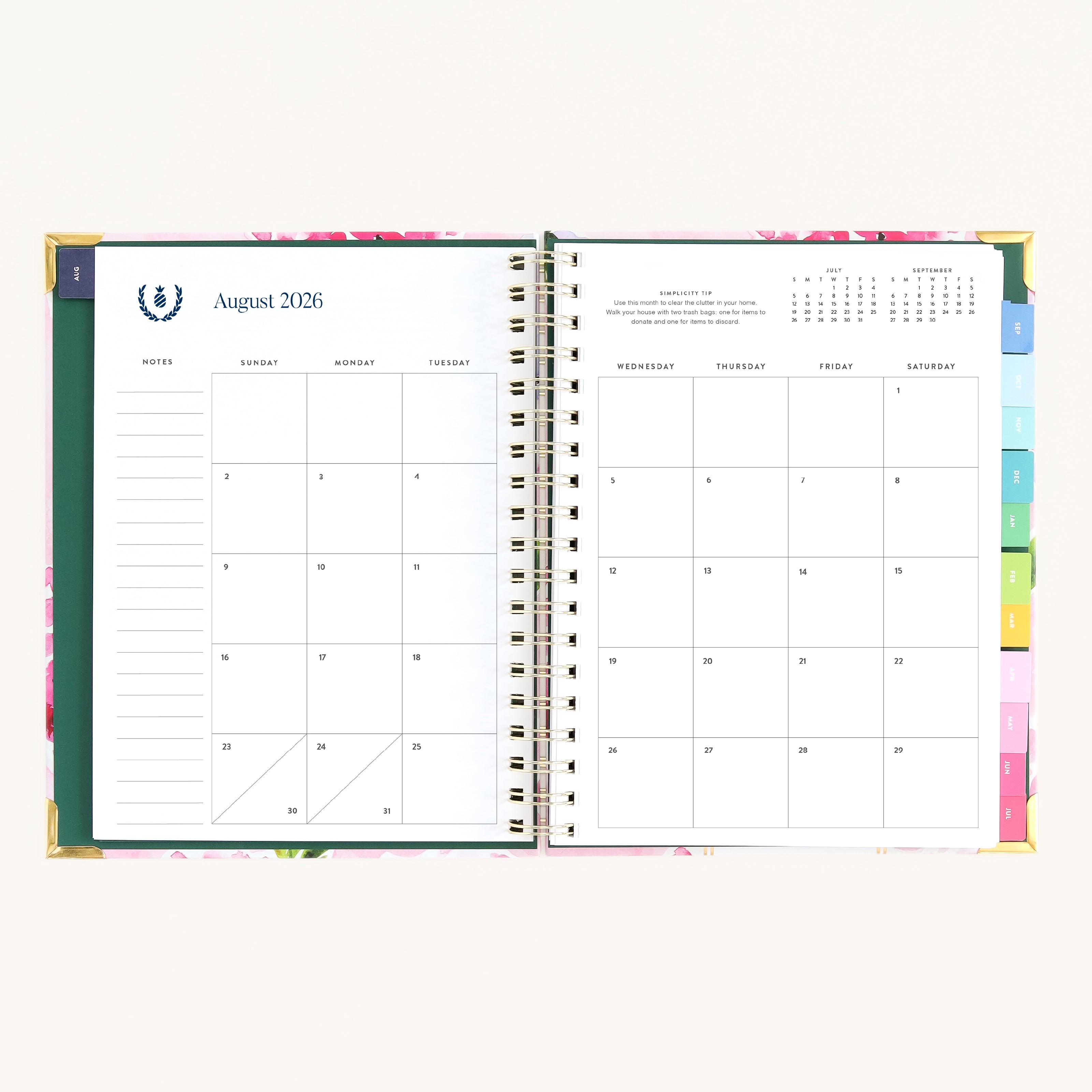August monthly calendar spread in spiral weekly planner with clean layout for scheduling and goal setting