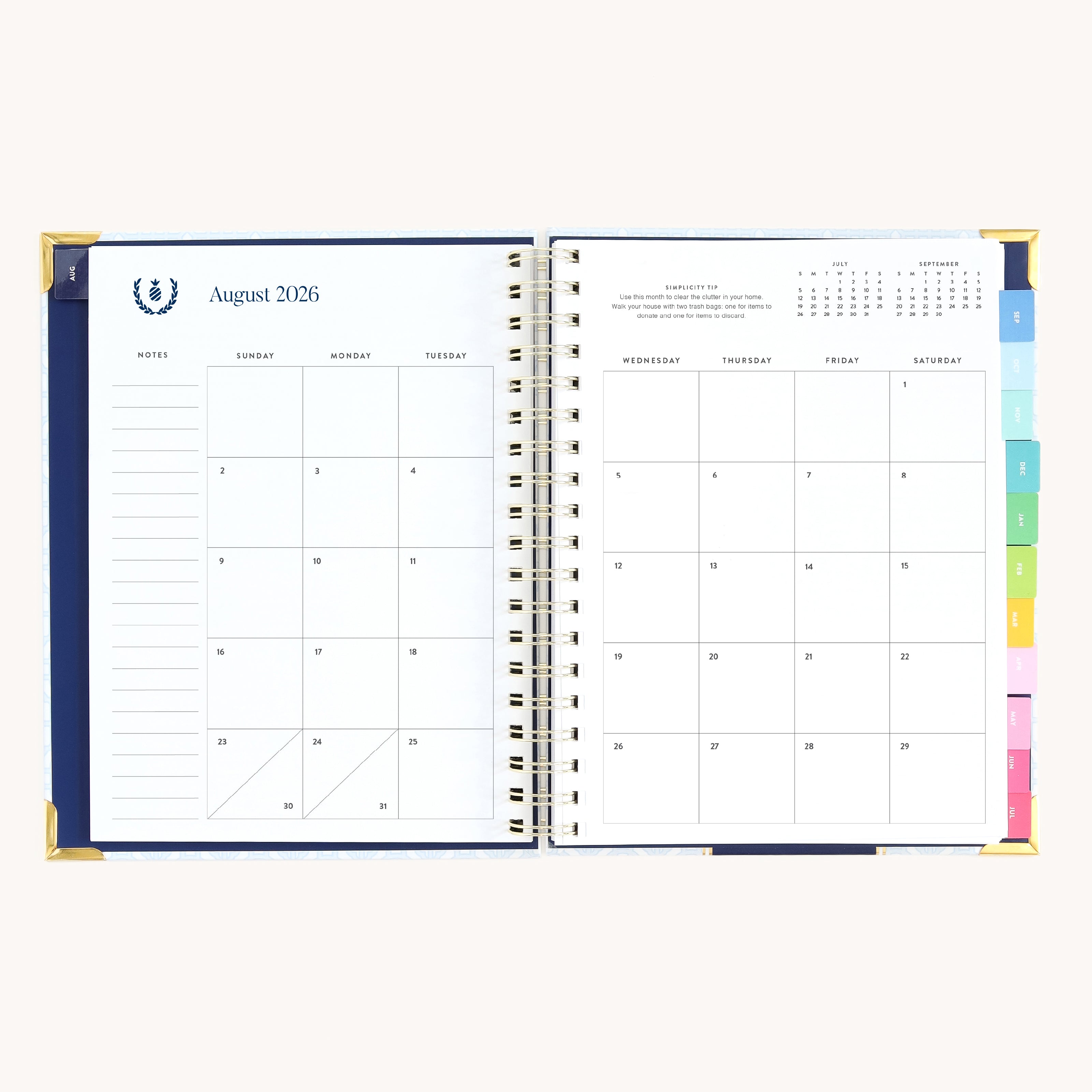 August monthly calendar spread in spiral weekly planner with clean layout for scheduling and goal setting
