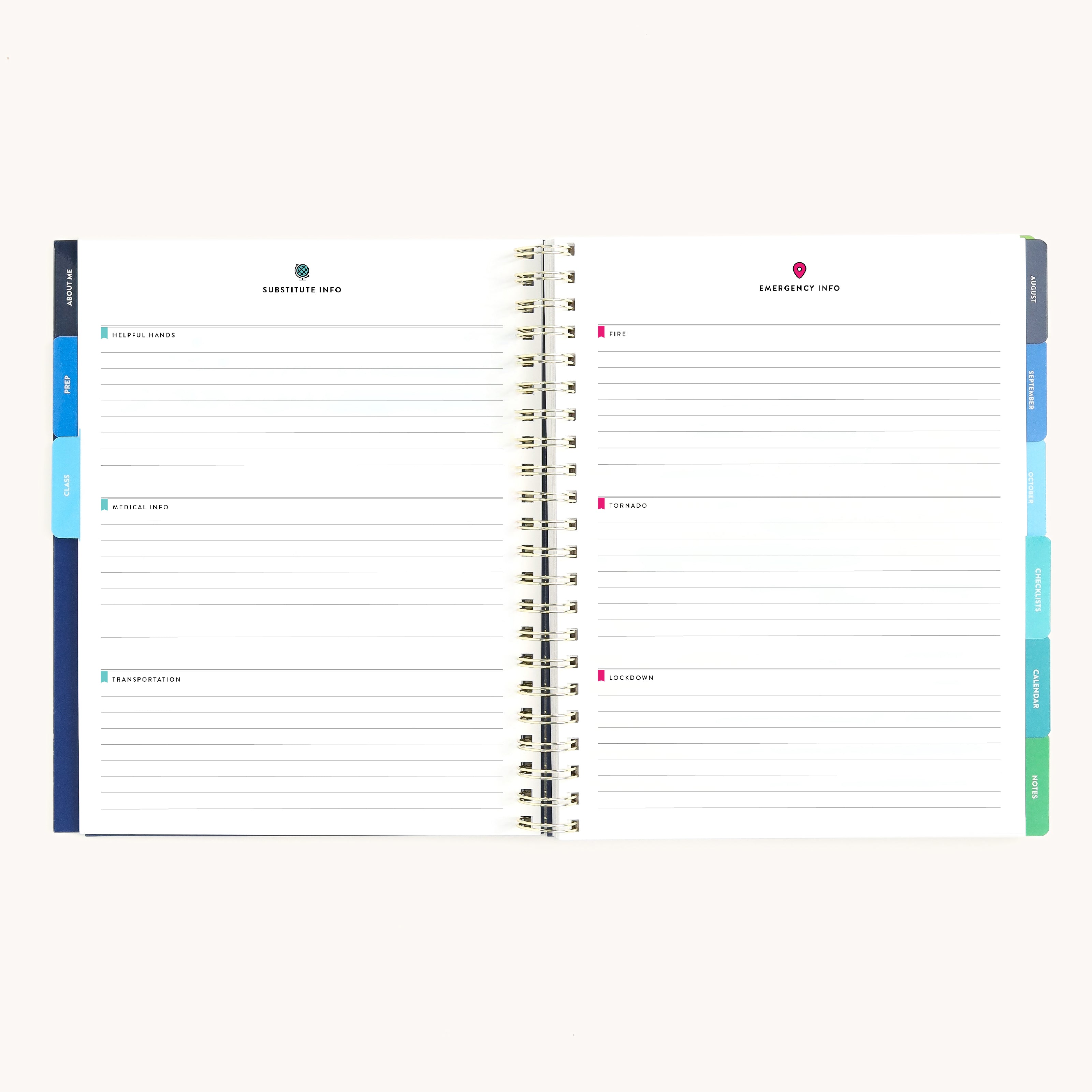 teacher planner weekly schedule spread with colorful horizontal sections for lesson planning and daily classroom organization