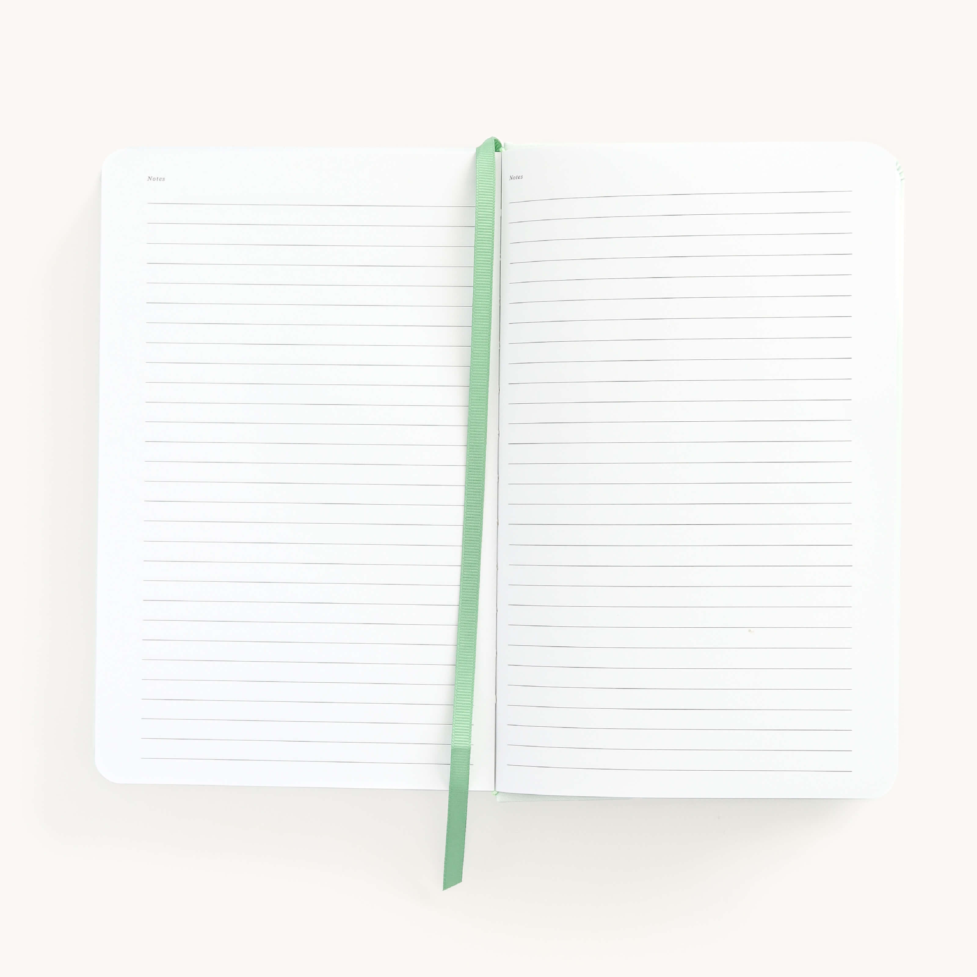 2025 Daily Dapperdesk Planner in the Sea Salt leatherette cover open to the notes pages. Features a two-page spread with blank lined notes pages and ivory grosgrain ribbon page marker.