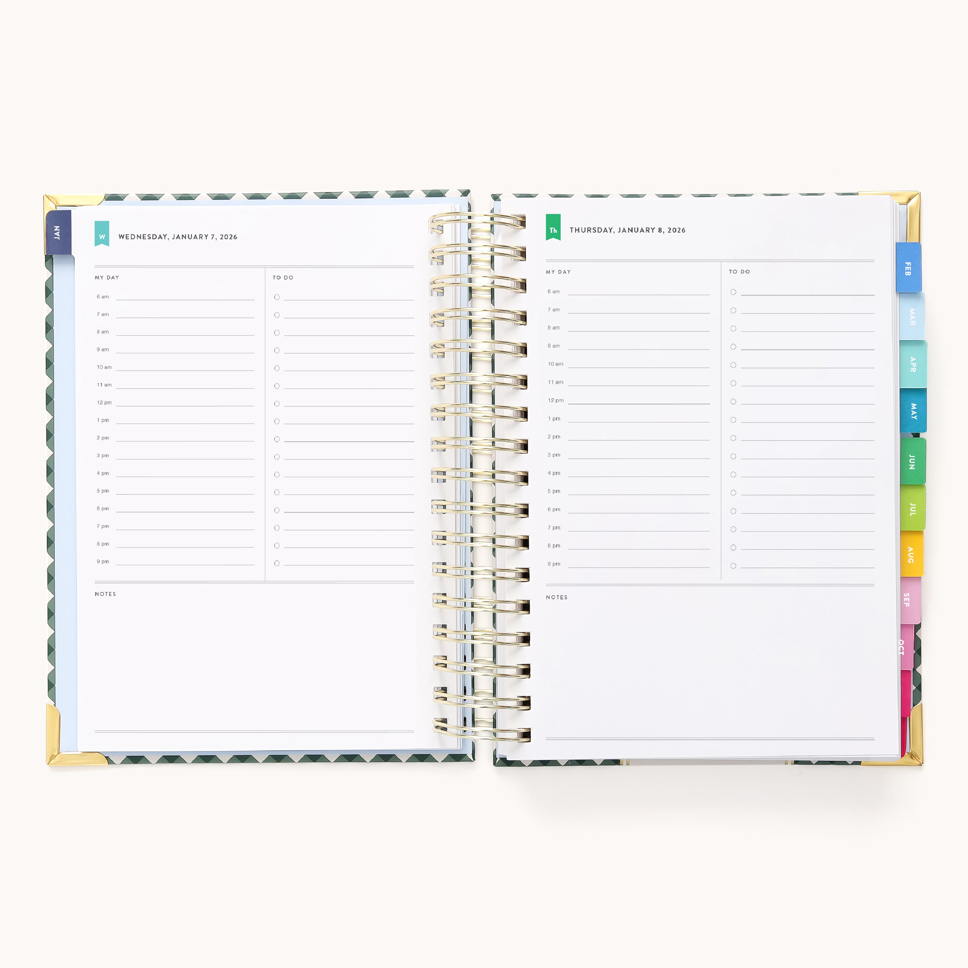 An open 2026 Spiral Daily Simplified Planner – Camp Gingham by Simplified displays two pages with hourly schedules from 7 AM to 8 PM, note sections, and colorful side tabs. The dates shown are Wednesday, January 7, and Thursday, January 8.