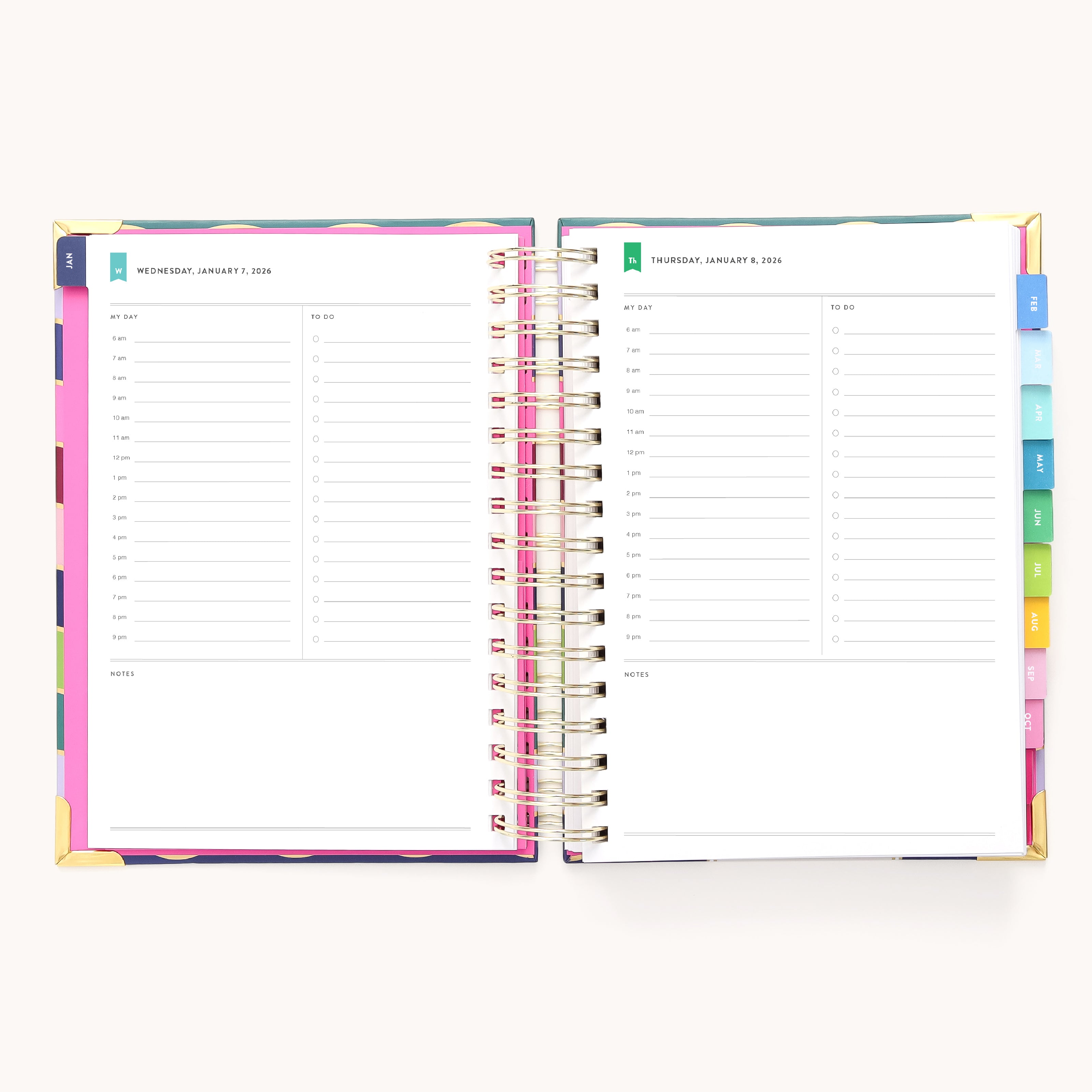 The 2026 Spiral Daily Simplified Planner - Rainbow Row by Simplified features daily pages with 6 a.m. to 7 p.m. time slots, notes sections, and vibrant tabbed dividers along the right edge in this colorful spiral planner.