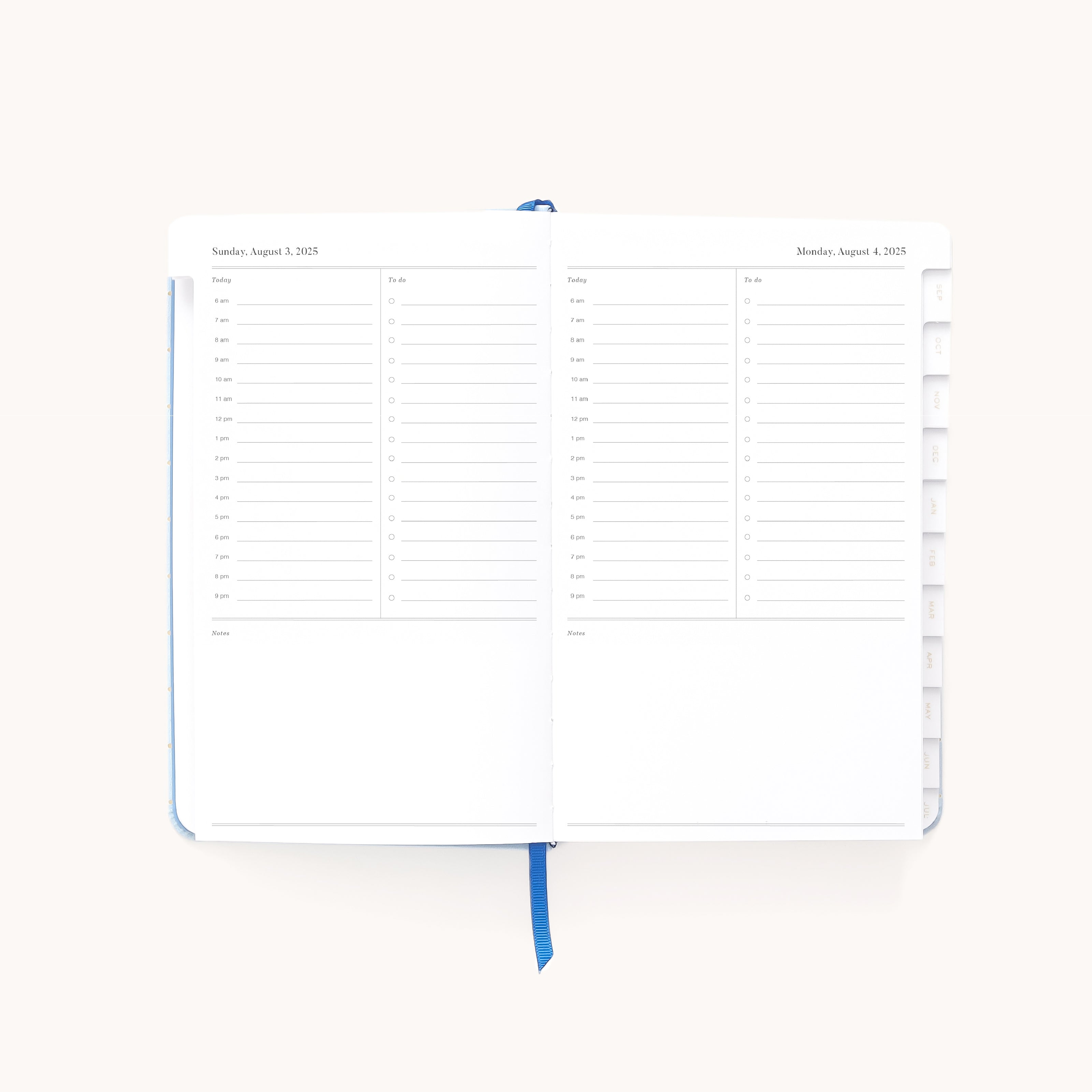 The Simplified 2025-2026 Bookbound Daily Dapperdesk Planner - Carolina Dot features pages for Sunday, August 3, and Monday, August 4, 2025. Each day has hourly slots from 7 AM to 8 PM with note sections. A blue ribbon marks your spot in this leatherette planner designed for organization and ease with side tabs.