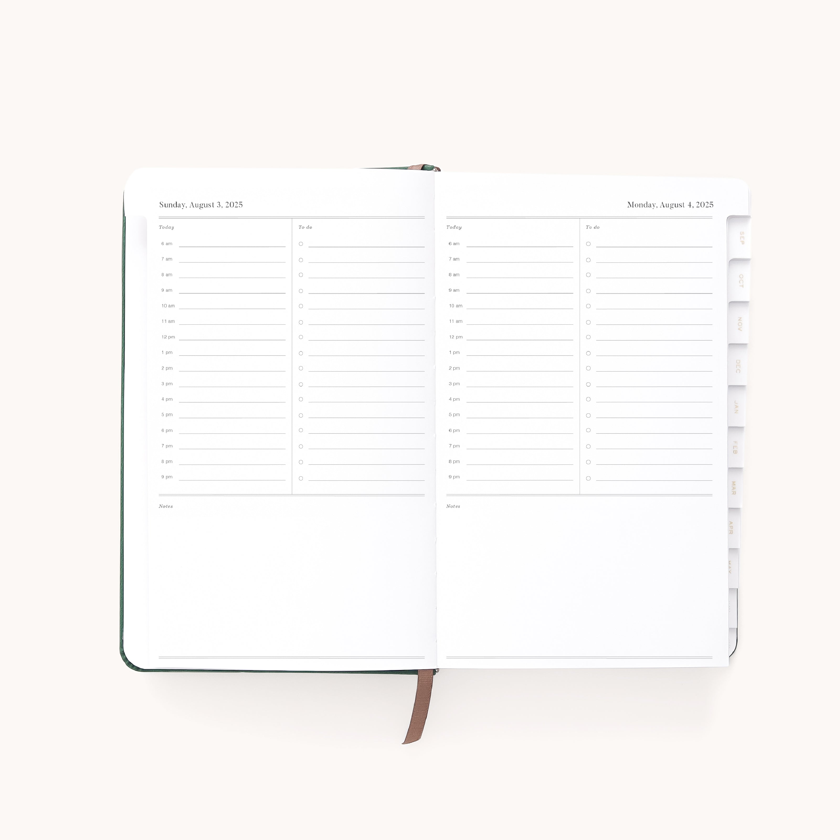 The Simplified 2025-2026 Bookbound Daily Dapperdesk Planner - Evergreen features a layout for August 6th and 7th, perfect for detailed planning with hourly slots from 7 AM to 9 PM, a notes section, white pages, and a ribbon bookmark.