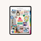 An iPad shows the Simplified 2025-2026 Digital Teacher Planner, featuring a vibrant collage of classroom photos, motivational quotes, school supplies, charts, and decor like pencils, a clock, rainbow tabs, and a “Dream Big” chalkboard.
