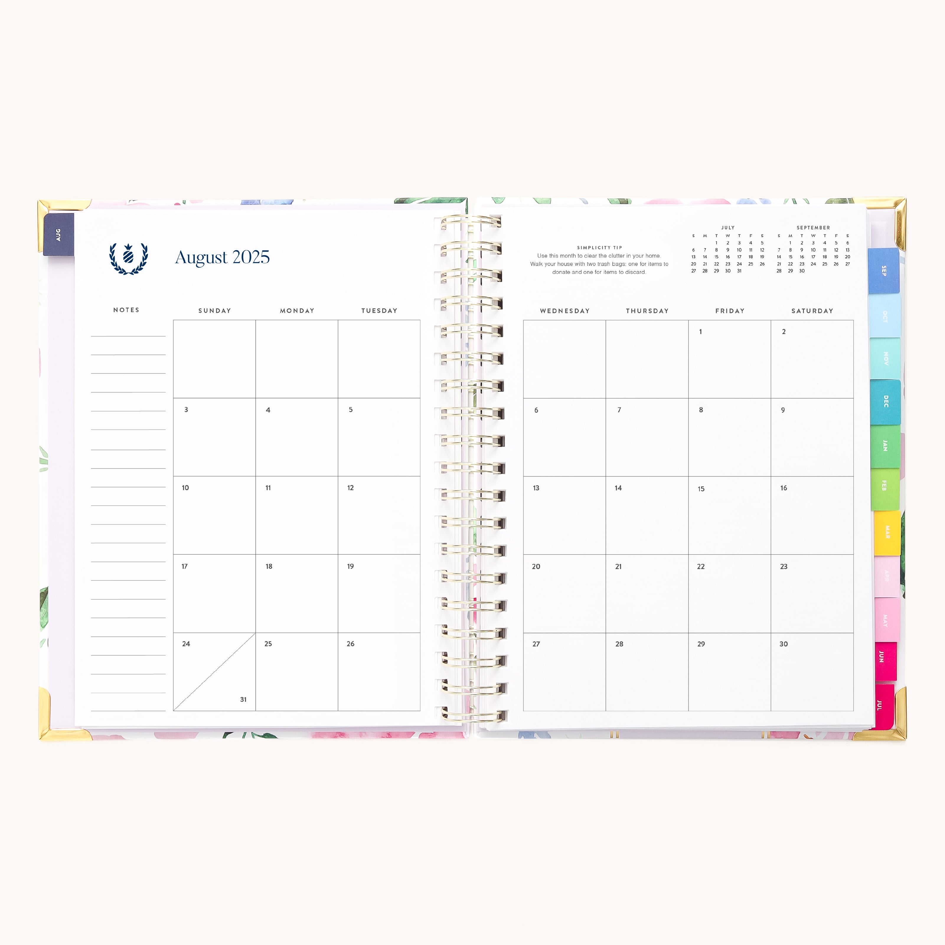 The 2025-2026 Spiral Weekly Simplified Planner - Cottage Floral by Simplified features a monthly calendar for August 2025. Days are in a Sunday to Saturday grid, with gold foil accents on colorful right tabs. A notes section is on the left, and the top right corner has a small calendar for another month.
