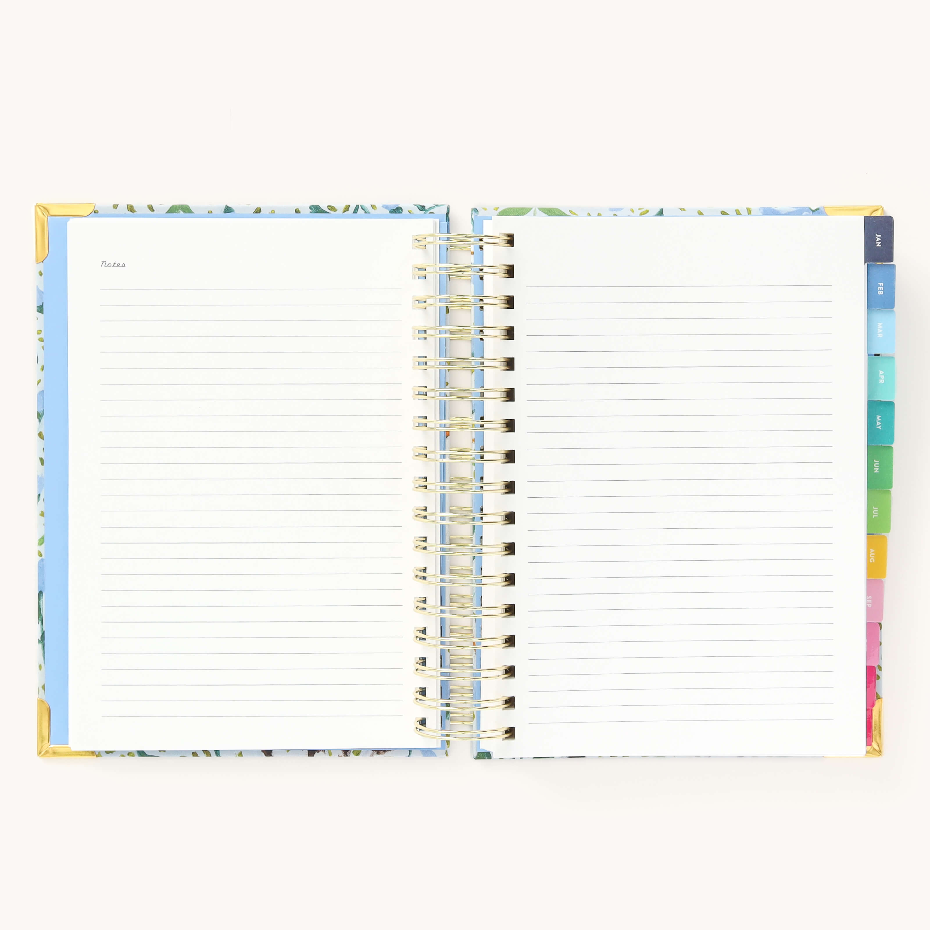2025 Daily Simplified Planner in the Beaufort Birdies cover design open to the notes pages at the front of the planner. Features a two-page spread with blank lined notes pages.