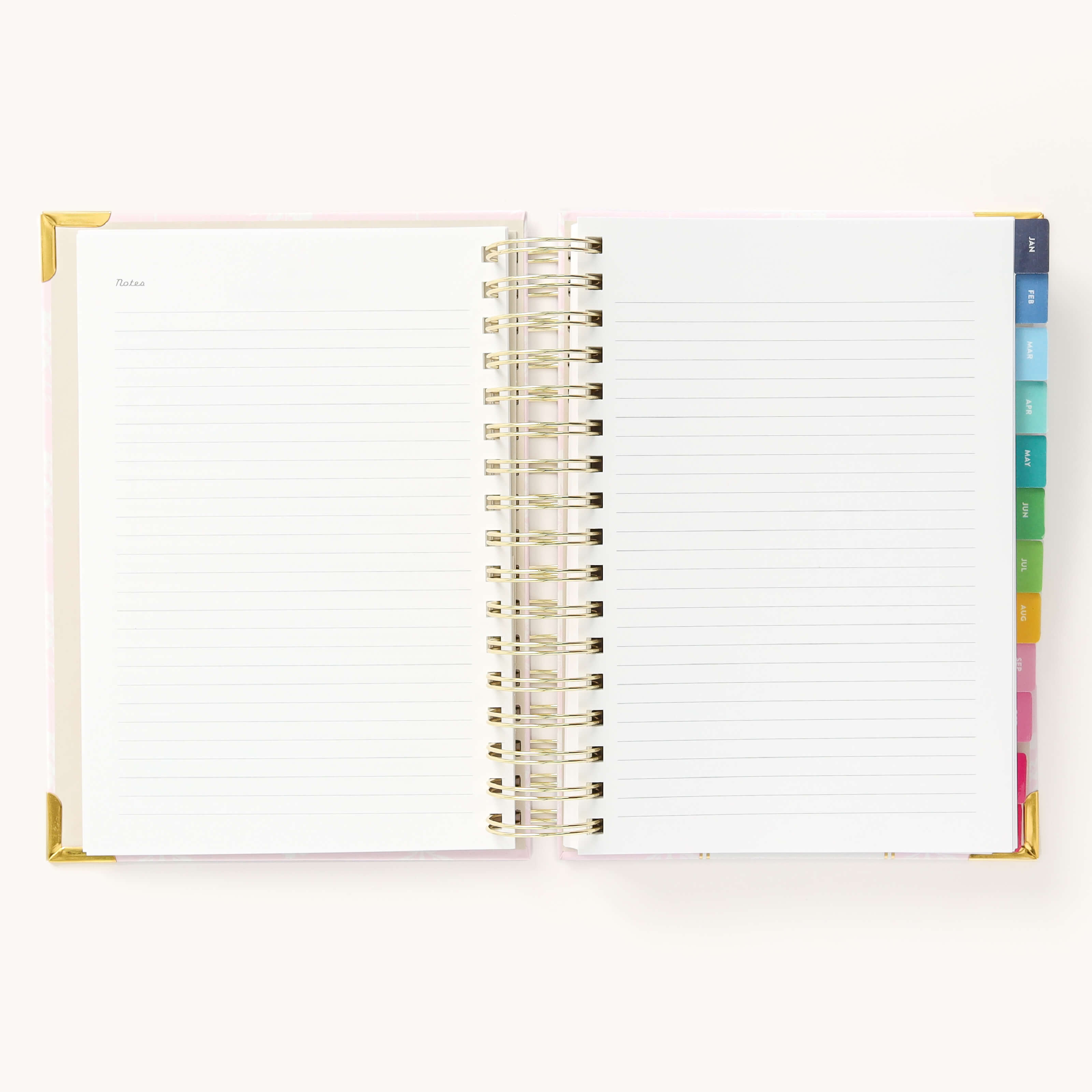 2025 Daily Simplified Planner in the Blush Block cover design open to the notes pages at the front of the planner. Features a two-page spread with blank lined notes pages.