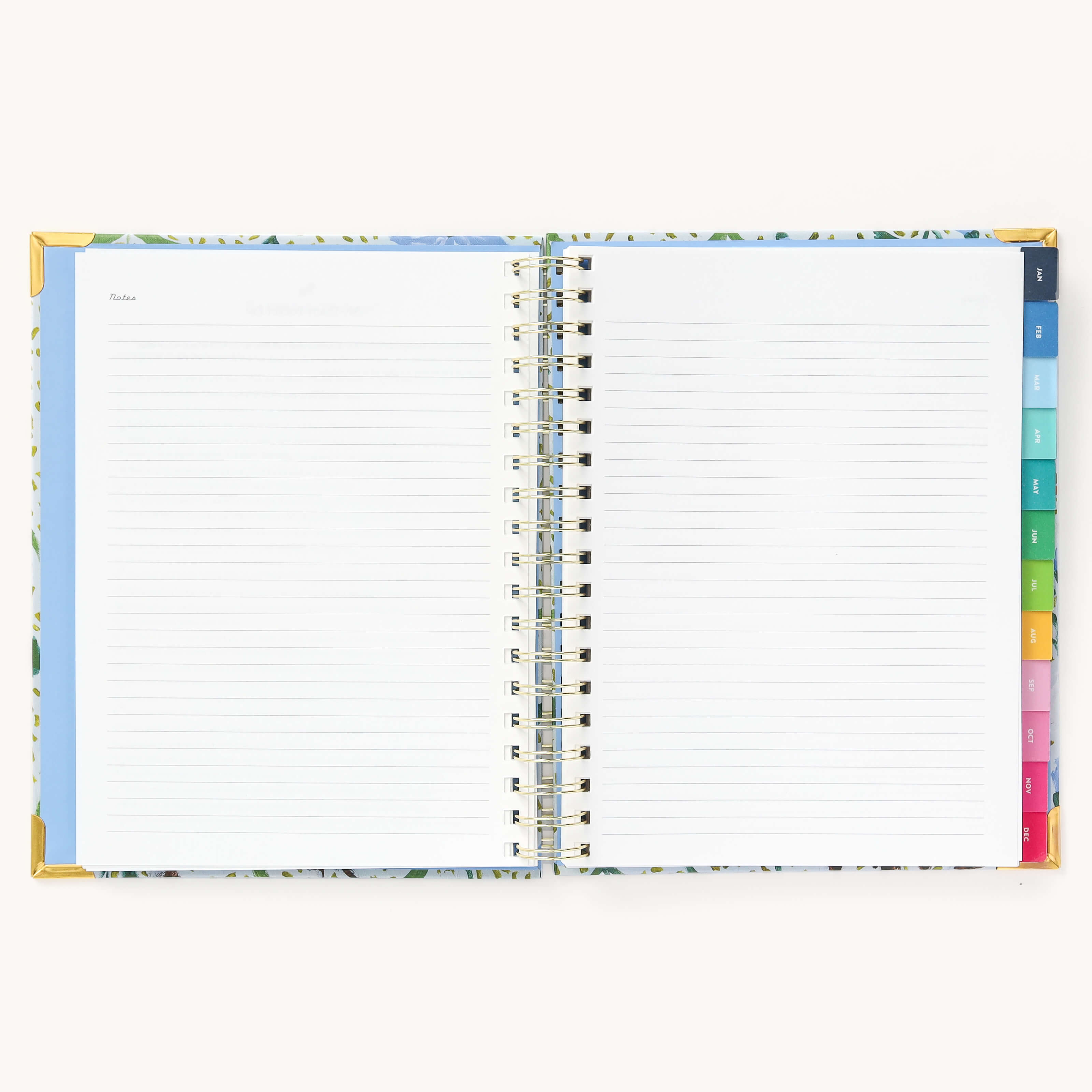 2025 Weekly Simplified Planner in the Beaufort Birdies cover design open to the notes pages at the front of the planner. Features a two-page spread with blank lined notes pages.