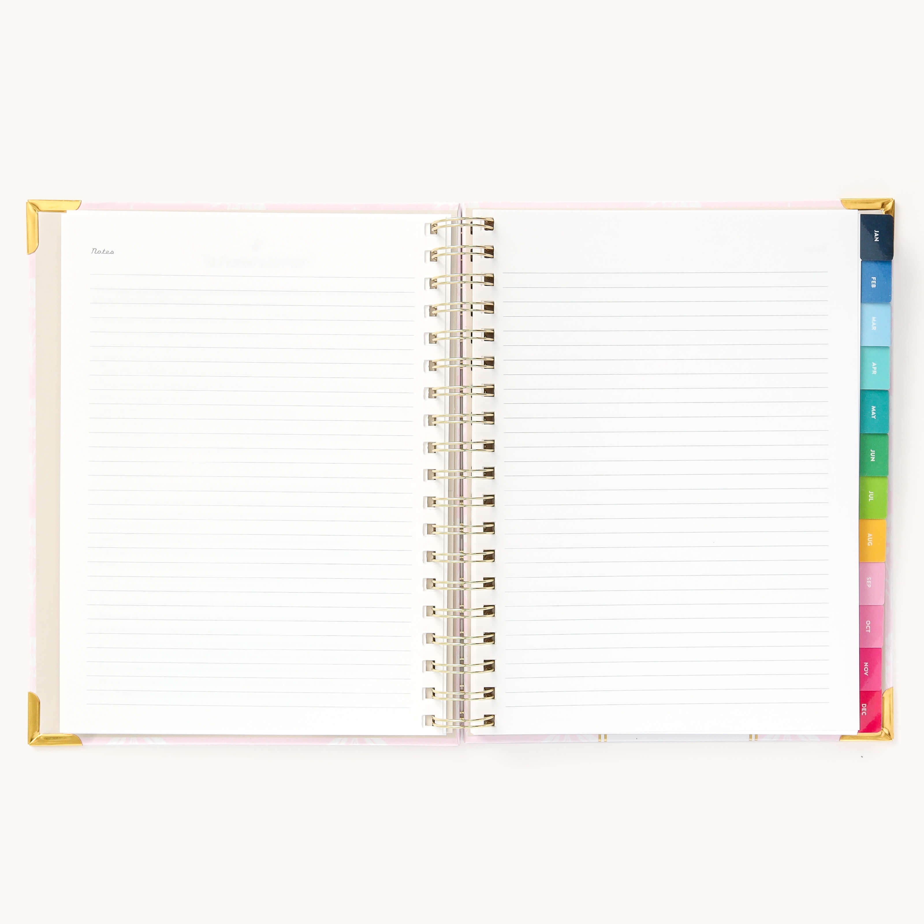 2025 Weekly Simplified Planner in the Blush Block cover design open to the notes pages at the front of the planner. Features a two-page spread with blank lined notes pages.