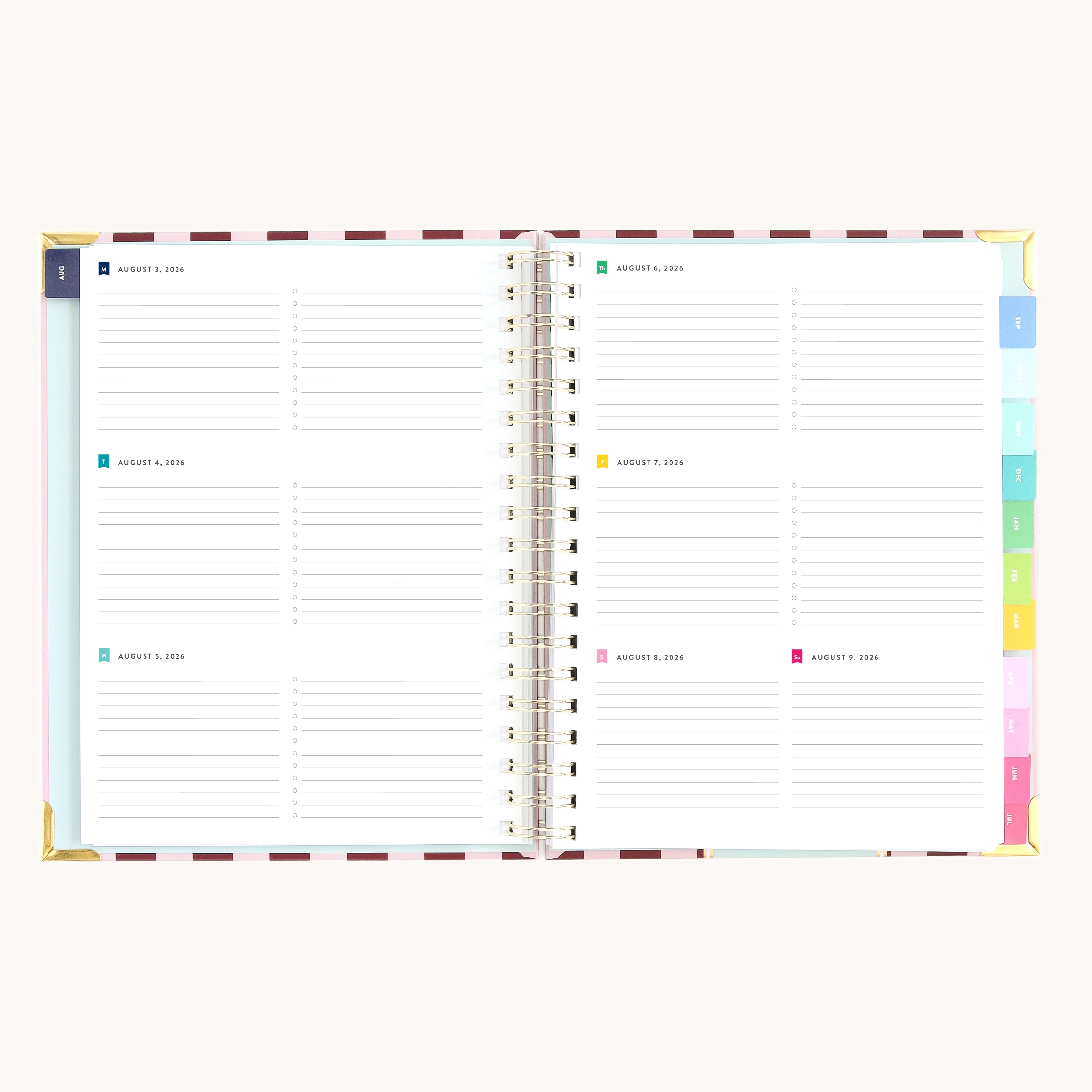 Spiral weekly planner open to weekly layout with space for appointments, to-do lists, and notes