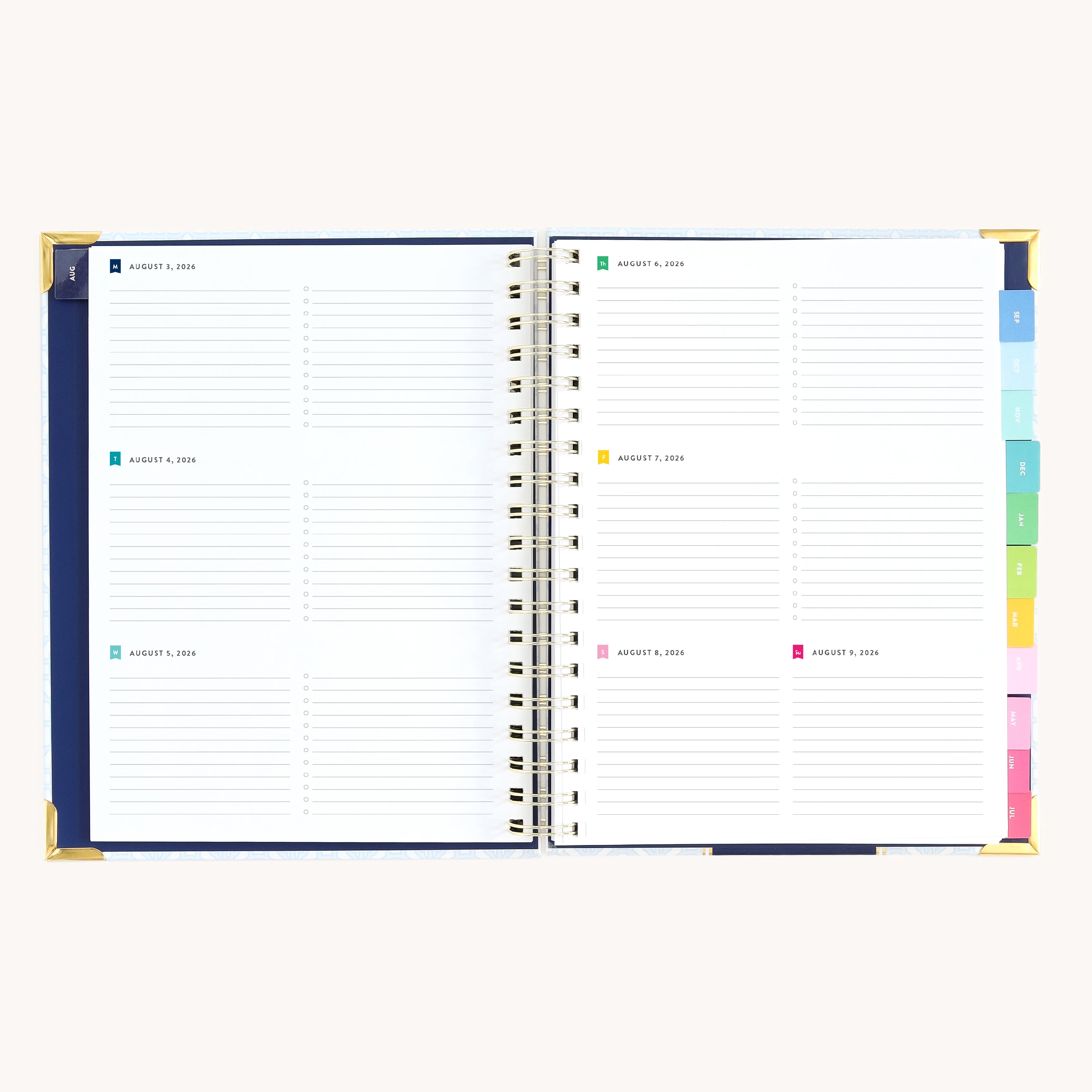 Spiral weekly planner open to weekly layout with space for appointments, to-do lists, and notes