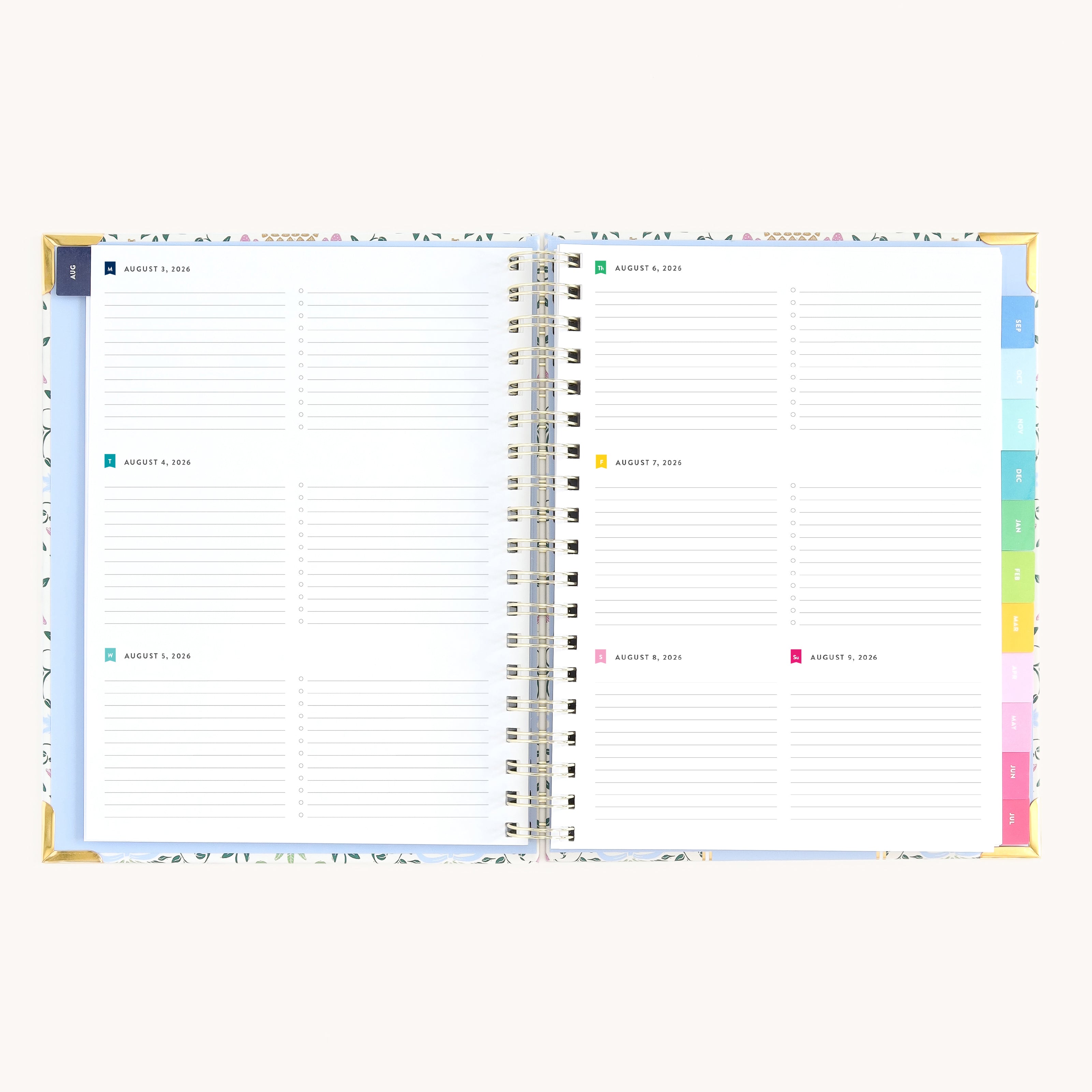 Spiral weekly planner open to weekly layout with space for appointments, to-do lists, and notes