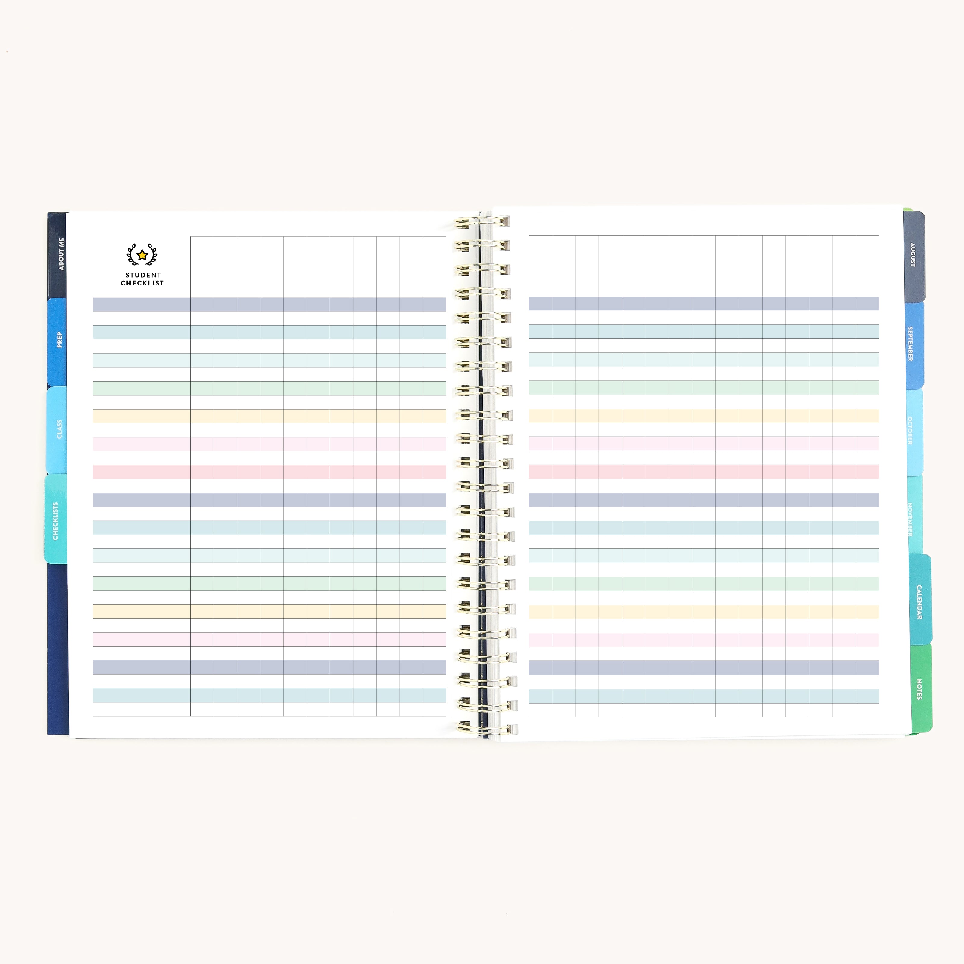 teacher planner open to student checklist spread