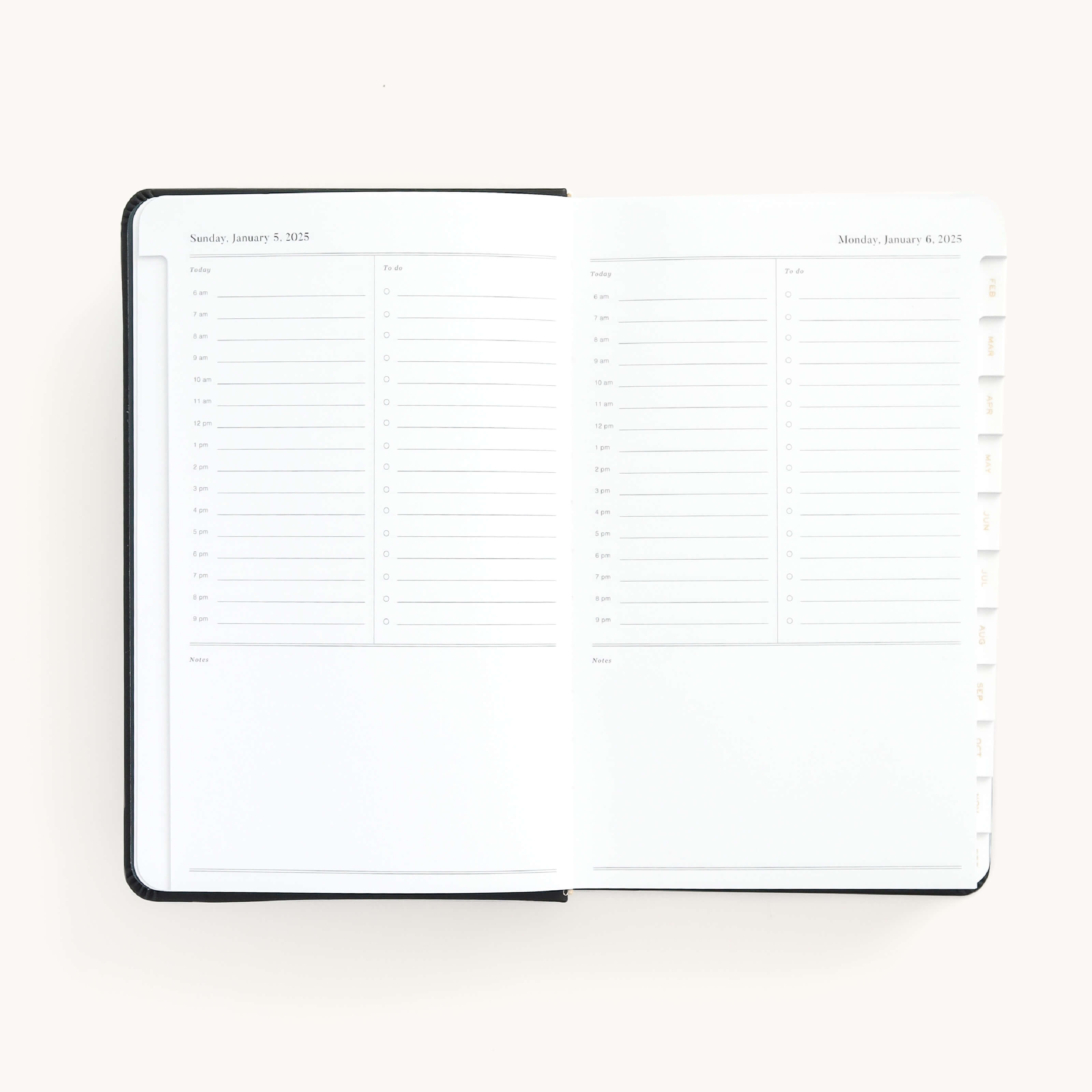 2025 Daily Dapperdesk Planner by Emily Ley in the Black Tie leatherette cover open to a two-page daily spread featuring Sunday and Monday. Features a clean, minimalistic design with lined sections for daily tasks, to-do lists, and notes.