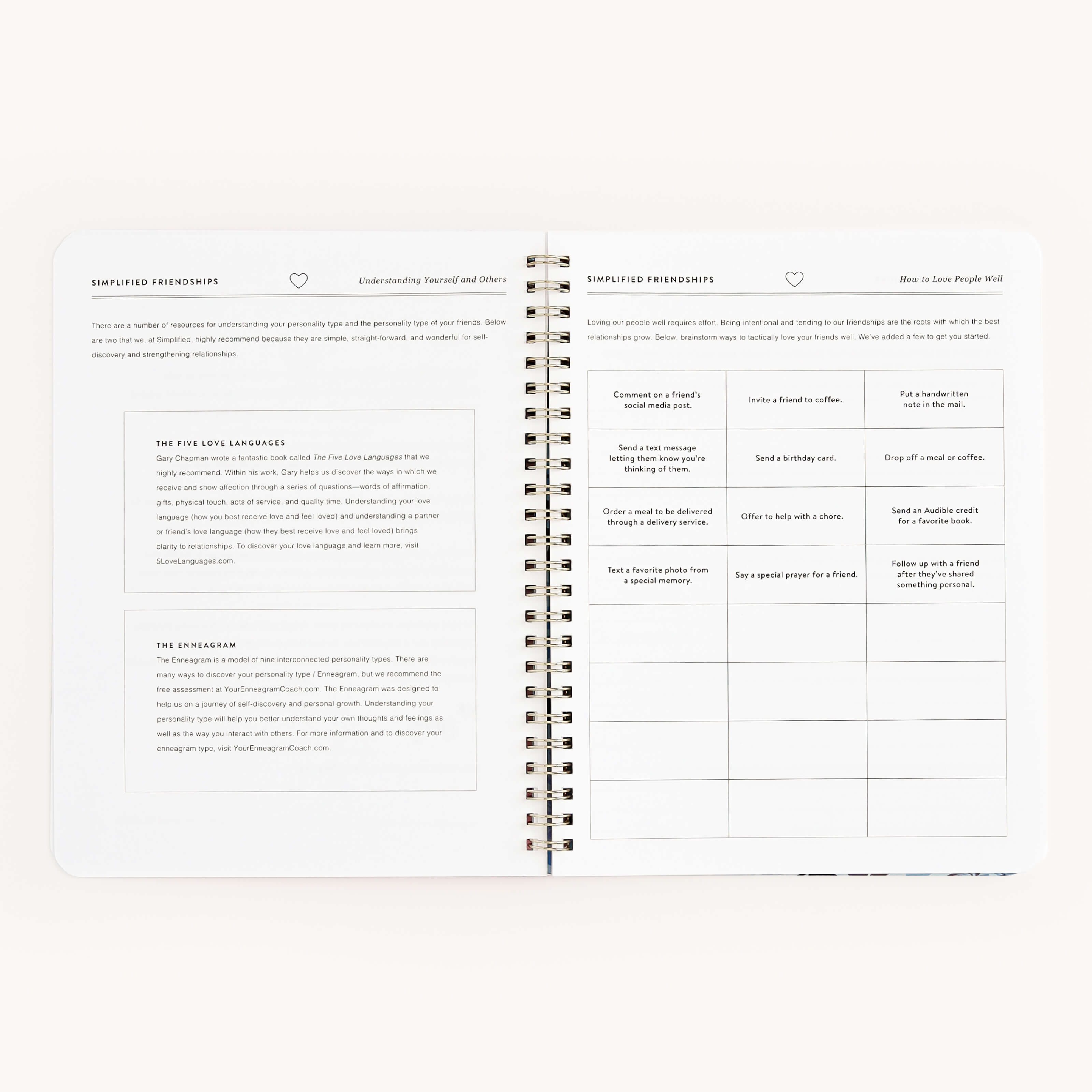 The open Simplified Workbook - Friendship features a guide on friendships. The left page discusses The Five Love Languages, The Enneagram, and growth plans. The right page includes Simplified Friendships, Understanding Yourself and Others, and a blank chart section.