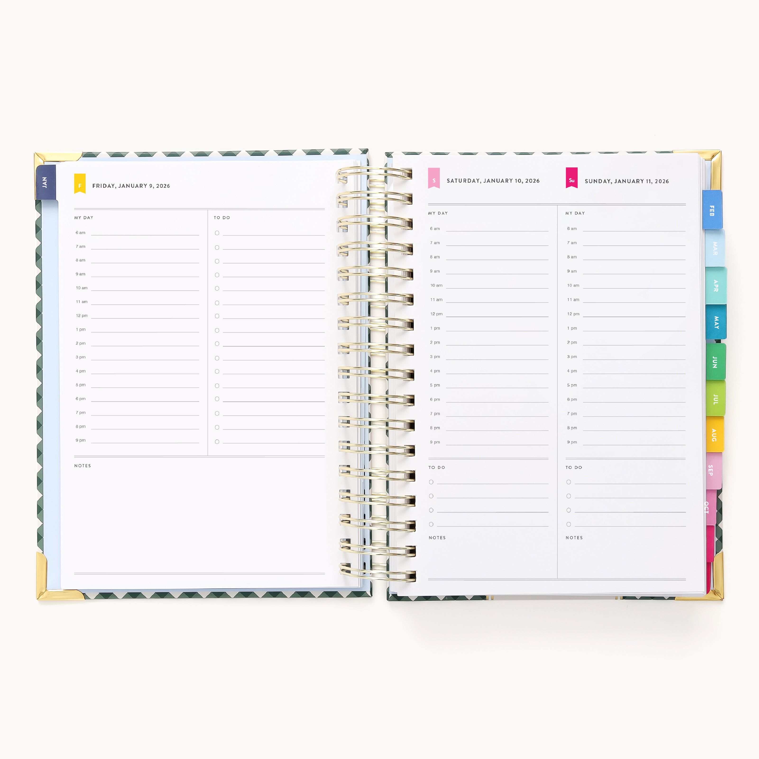 The 2026 Spiral Daily Simplified Planner - Camp Gingham by Simplified features daily schedules, colorful tab dividers, and mostly blank pages with lined sections for notes and appointments.