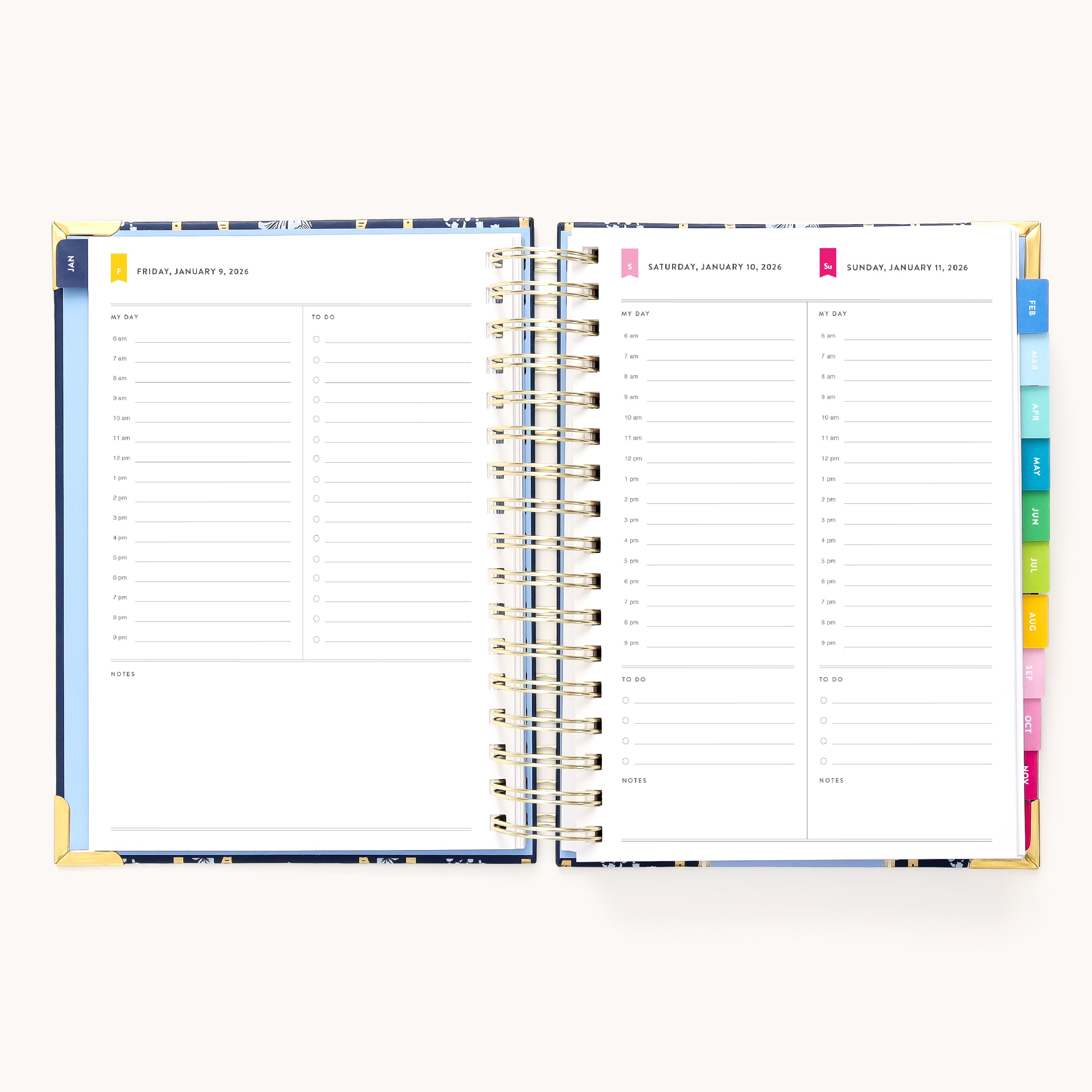 An open 2026 Spiral Daily Simplified Planner - Poppy Posies by Simplified shows daily pages with hourly slots for January 5–7, 2024. Colored tabs organize sections in this planner.