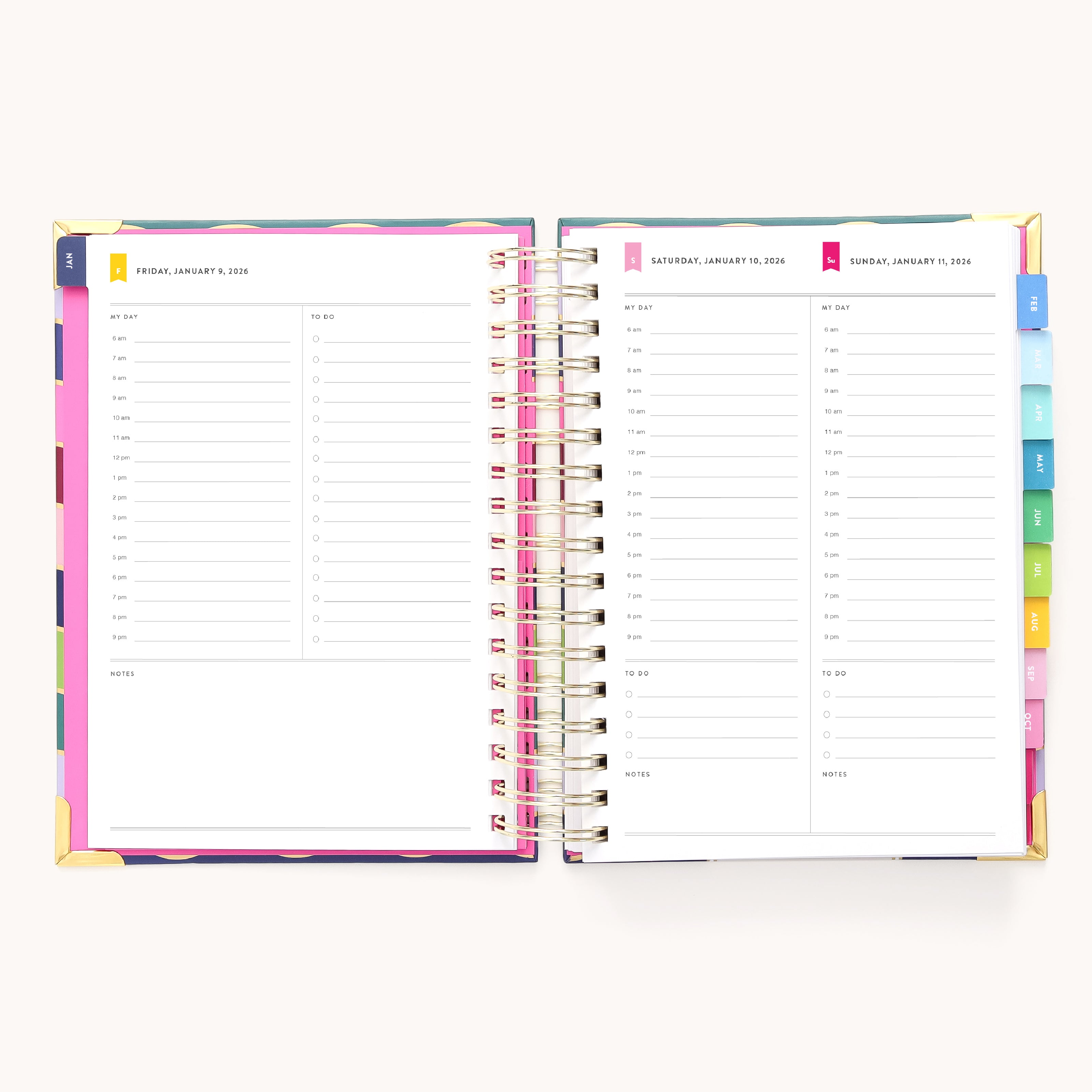 The Simplified 2026 Spiral Daily Simplified Planner - Rainbow Row features daily schedules from 7 AM to 8 PM, note space, and colorful monthly tabs—shown open to January 5-7, 2024.