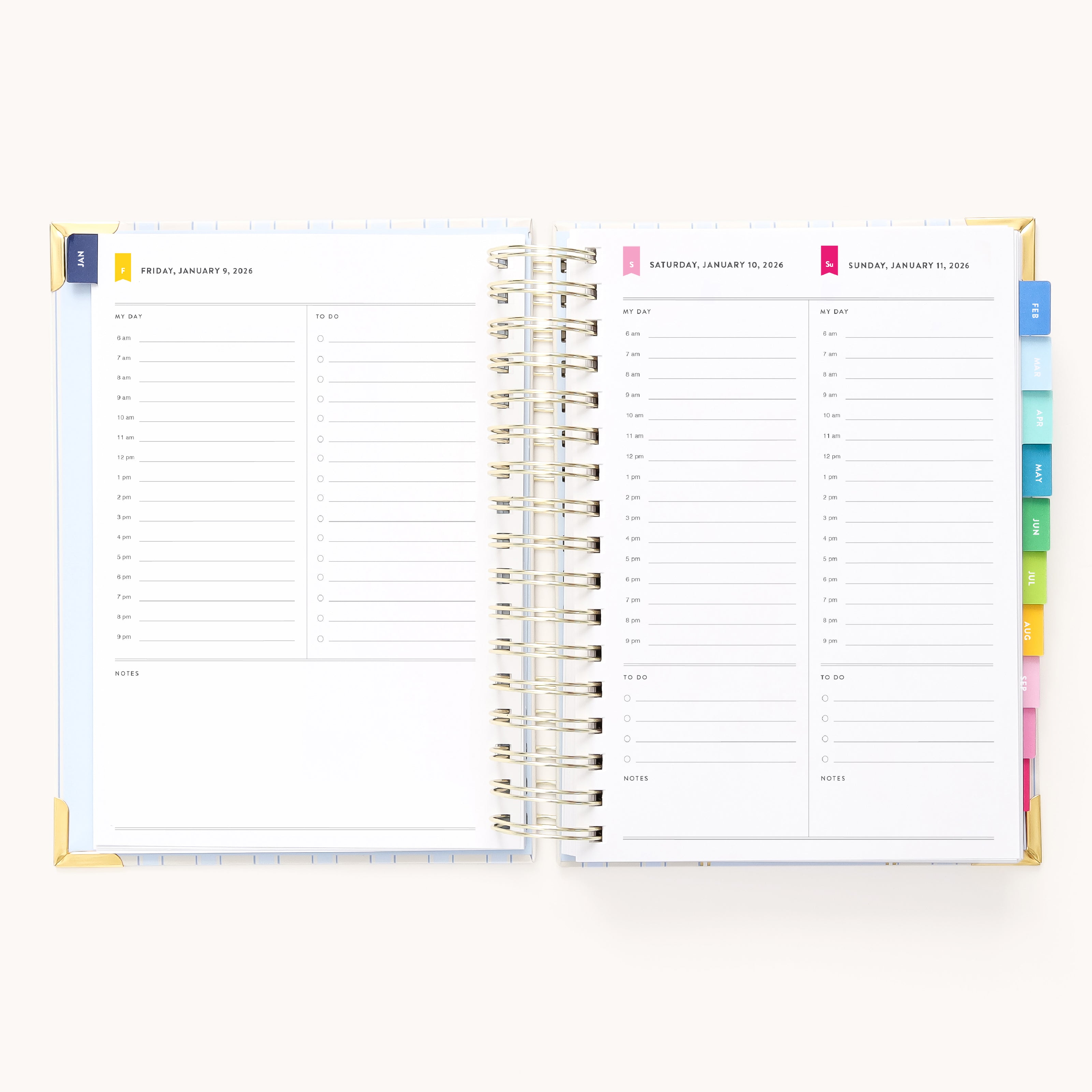 The Simplified 2026 Spiral Daily Simplified Planner - Serene Stripe features daily pages with 7 AM–7 PM time slots, notes sections, and colorful monthly tabs—ideal for fans of this planner style.