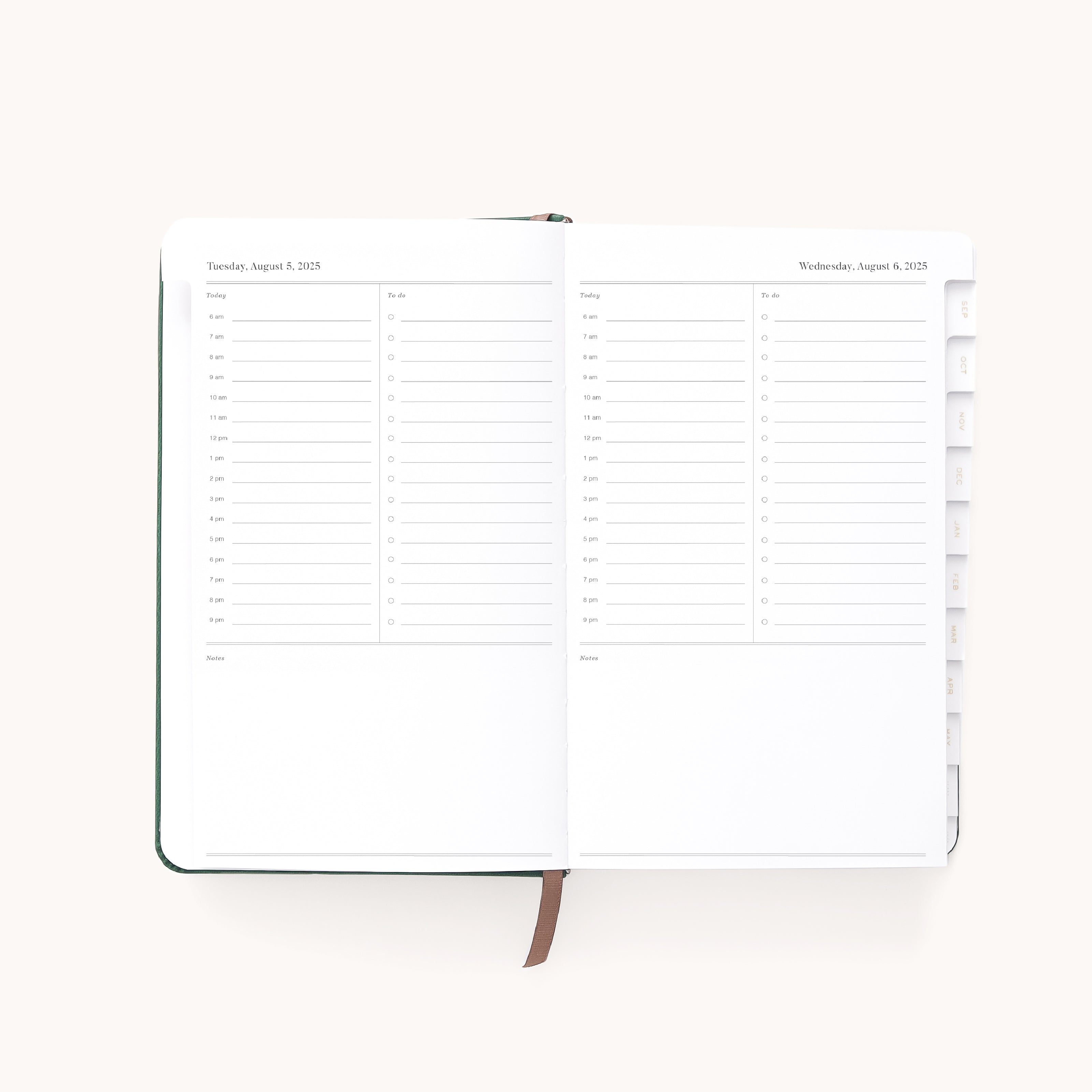 The 2025-2026 Simplified Bookbound Daily Dapperdesk Planner in Evergreen features pages with hourly slots from 7 AM to 7 PM for August 8 and 9, 2023. It includes a brown ribbon bookmark and tabs for easy navigation, offering ample space for detailed planning.