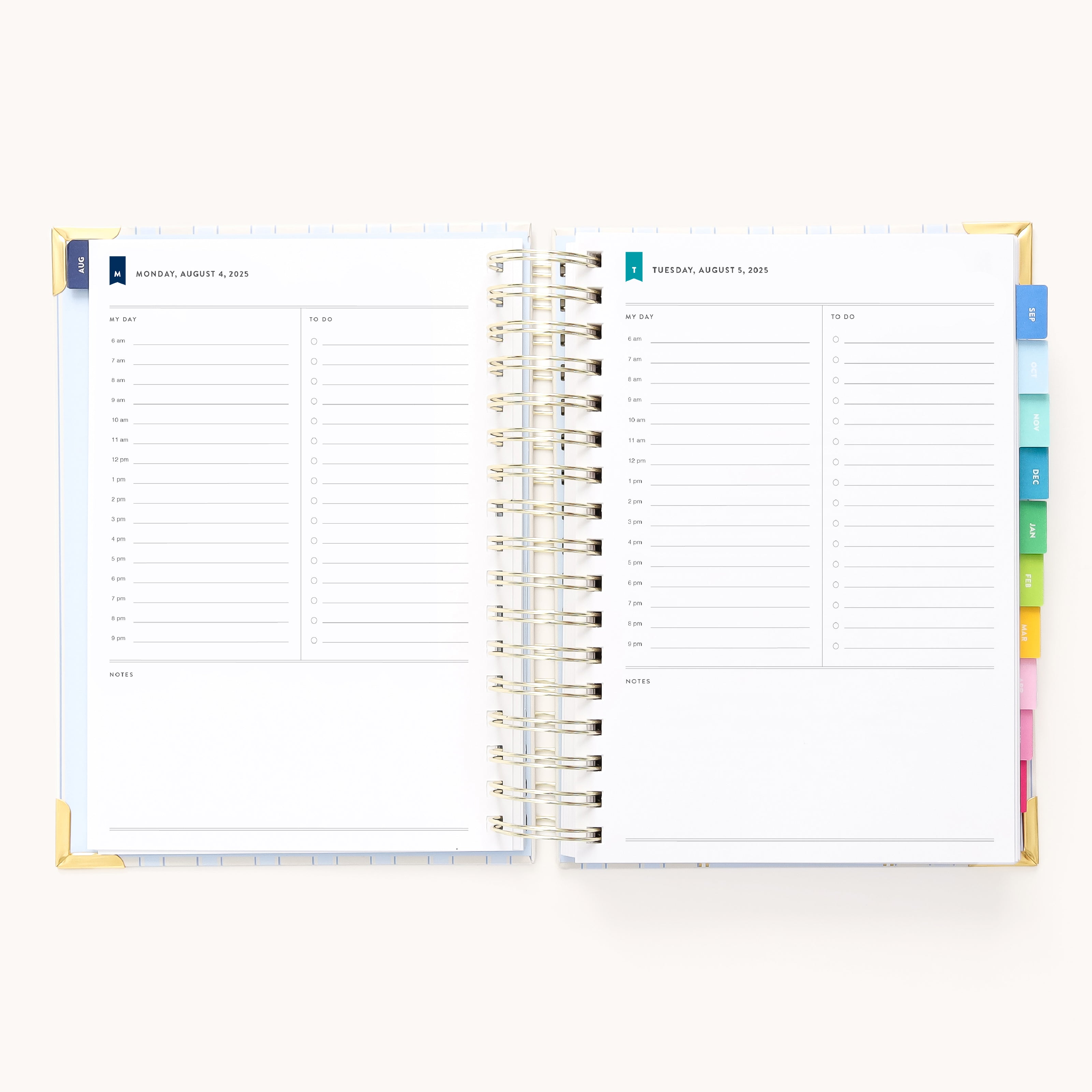 The 2025-2026 Spiral Daily Simplified Planner by Simplified, in Serene Stripe, displays its daily pages for Monday, August 7, and Tuesday, August 8, 2023. Each page has time slots, notes, and to-do lists. Colorful tabs and gold foil details enhance the organization experience.