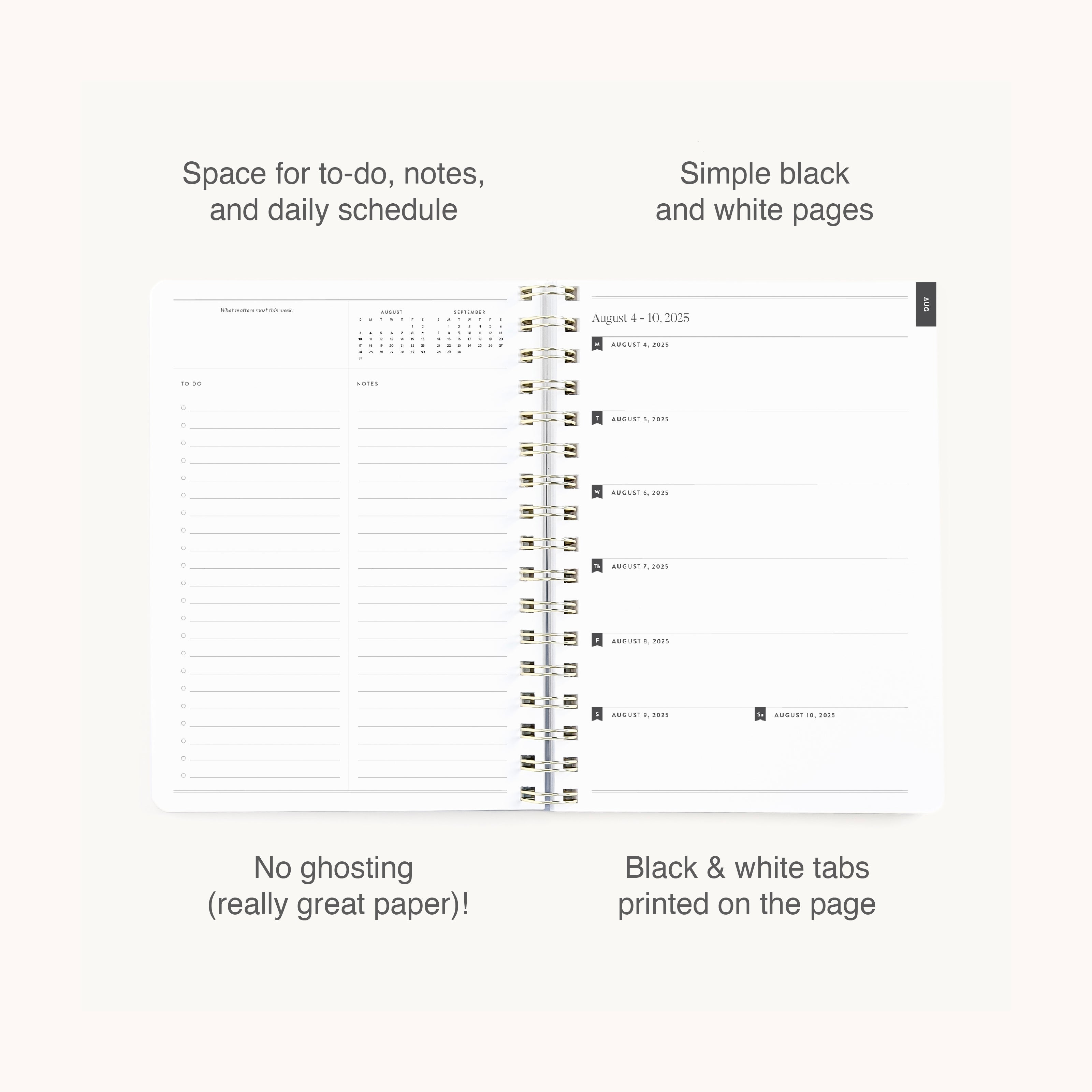The 2025-2026 Softcover Weekly Simplified Planner - Ivory Antelope by Simplified features to-do lists, notes, daily schedules, printed tabs, small monthly calendars, and no ghosting on black and white pages in this 12-month edition.