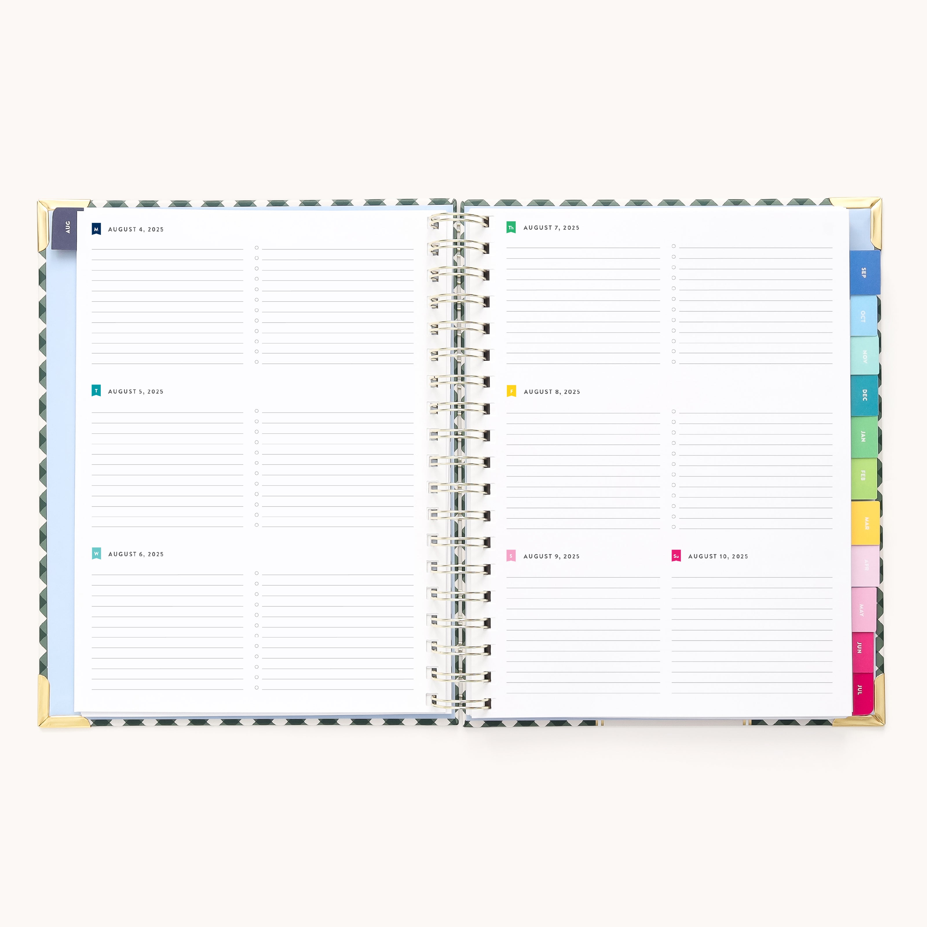 The 2025-2026 Spiral Weekly Simplified Planner - Camp Gingham from Simplified, features a weekly layout with gold foil details. Open to August 7-13, 2023, the planners pages divide into daily sections with colorful tabs on the side.