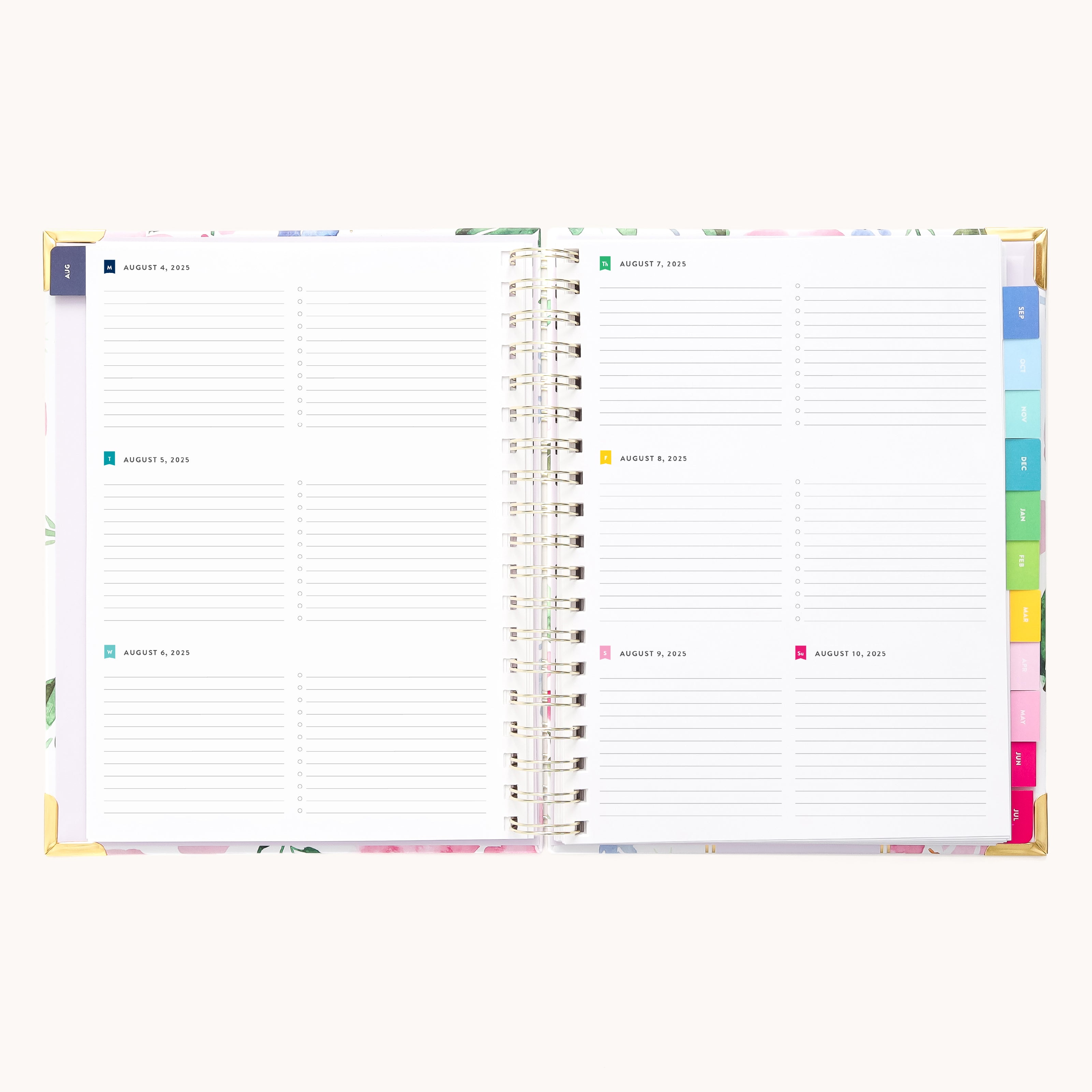 The 2025-2026 Spiral Weekly Simplified Planner by Simplified features lined pages divided into days, with color-coded tabs for different sections. Its Cottage Floral cover includes gold foil details, perfect for your Simplified Prep Work needs.