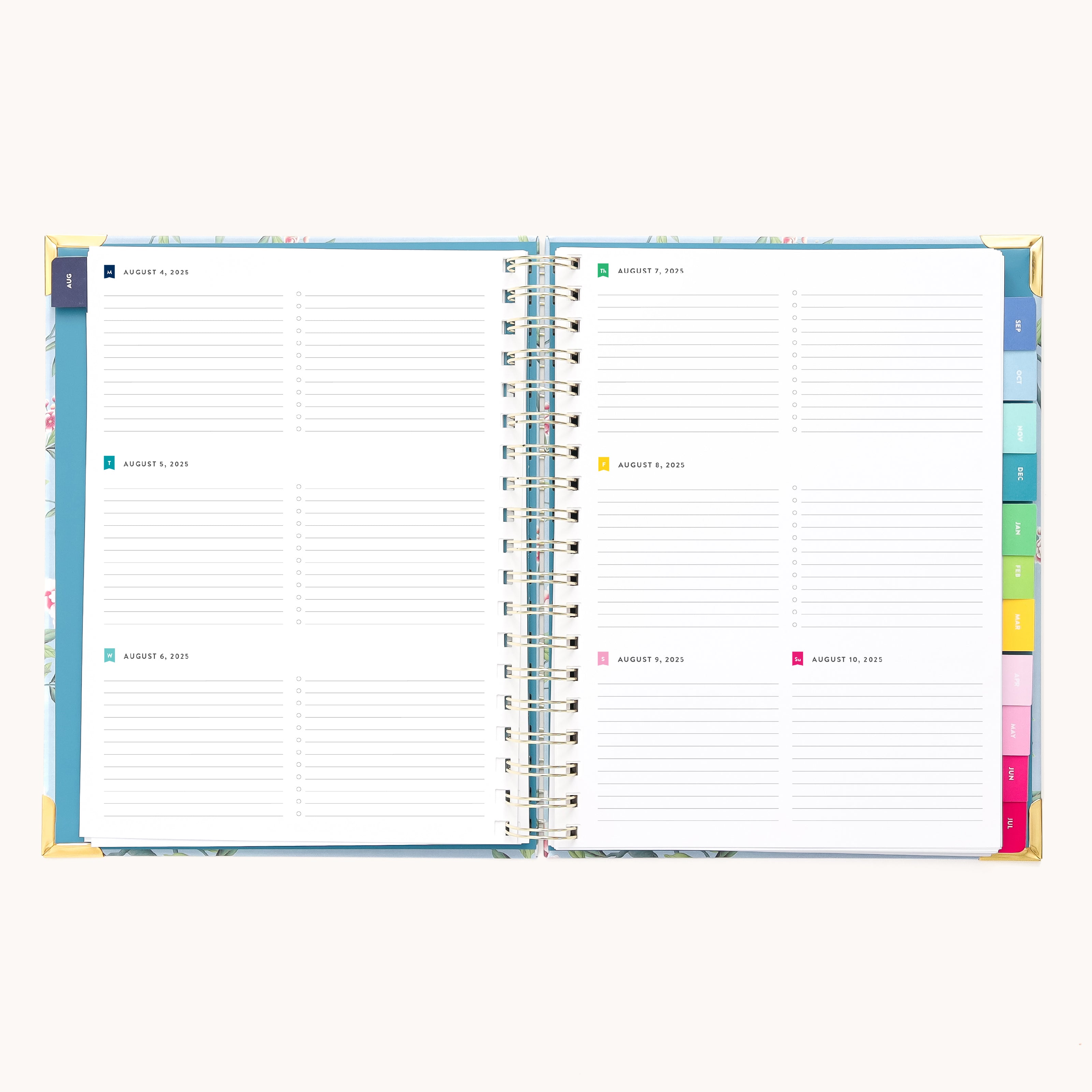 Open the 2025-2026 Spiral Weekly Simplified Planner in Faraway Land design by Simplified. It features a week view from August 1 to August 7, with lined sections for notes daily. Colorful tabs mark months, and Prep Work pages boost organization.