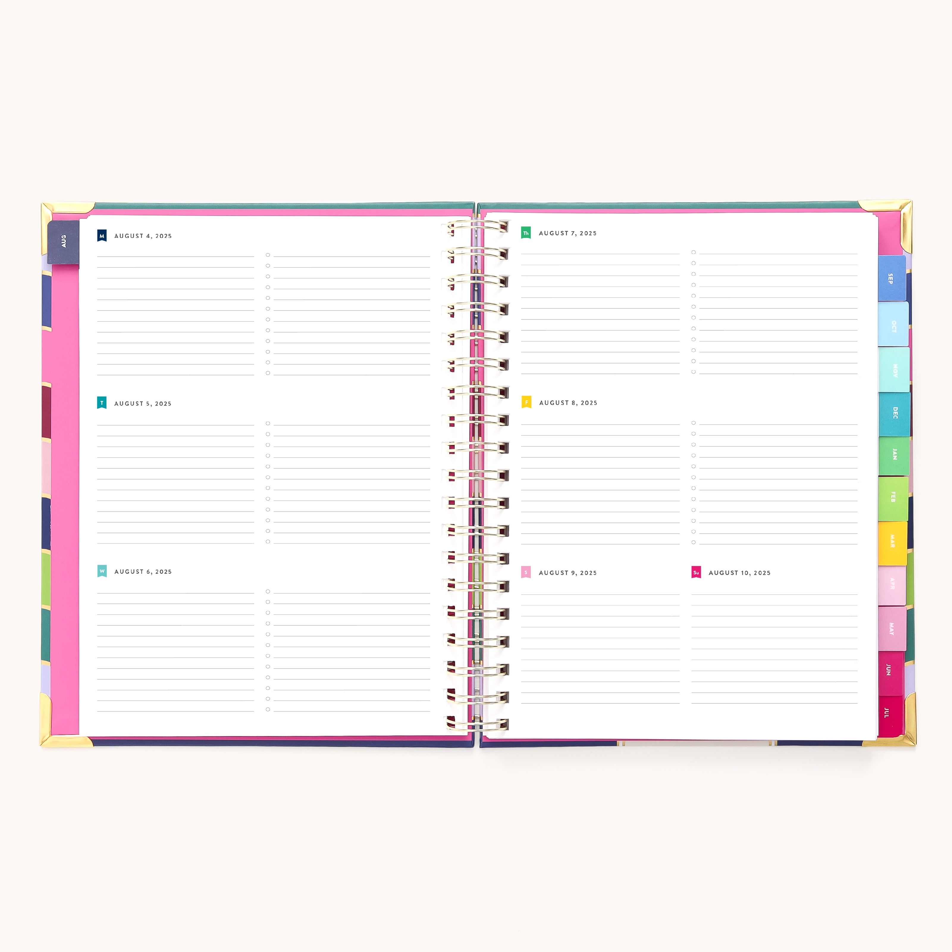 The 2025-2026 Spiral Weekly Simplified Planner - Rainbow Row by Simplified features colorful monthly tabs, organized two-page spreads for daily entries from August 7 to August 13, 2023. Its clean layout and vibrant edge patterns with gold foil details embody the planners signature style.