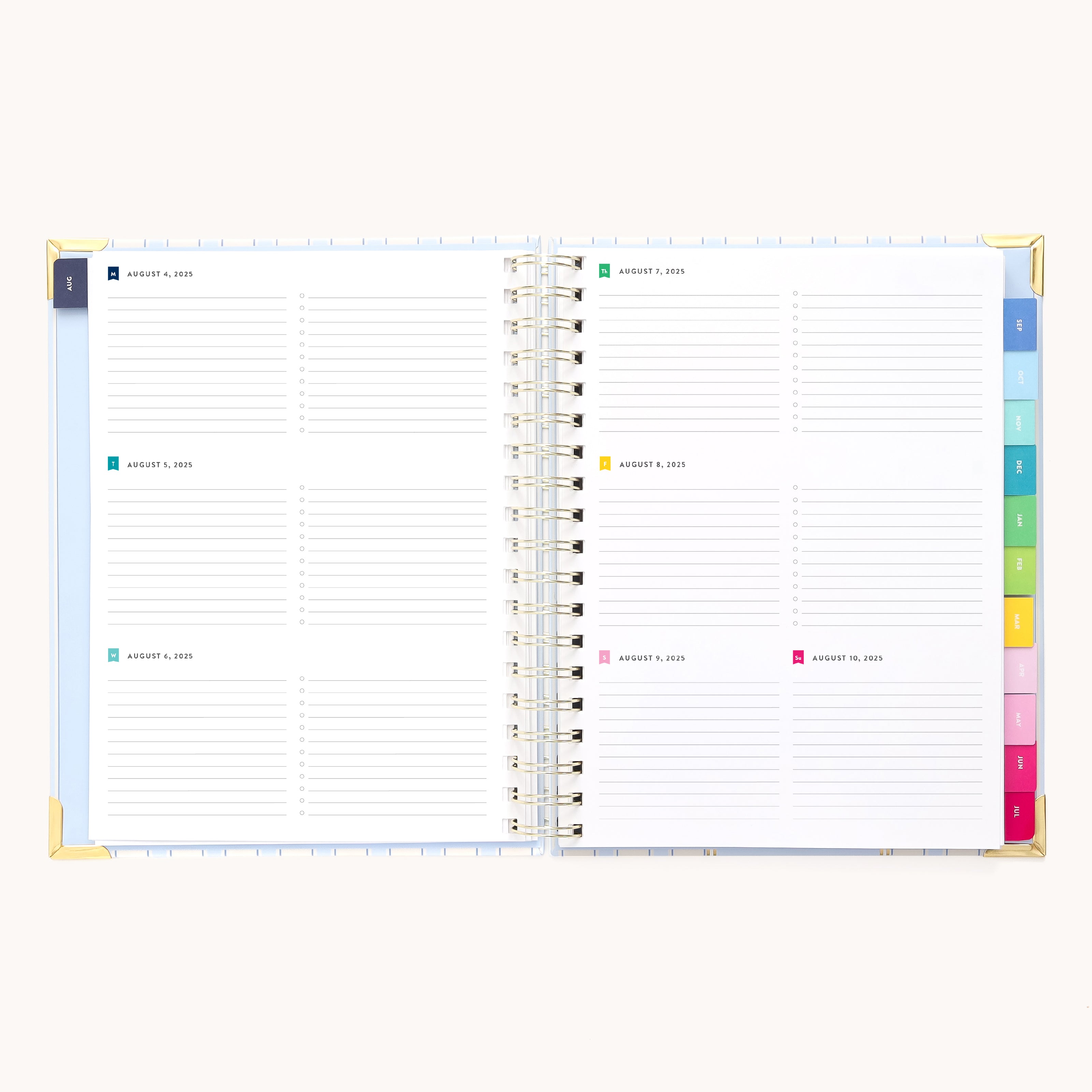 The 2025-2026 Spiral Weekly Simplified Planner by Simplified features lined pages for daily entries with visible dates. It includes colorful tabs for organization, gold foil details on the right edge, and a clean design with a Serene Stripe background.