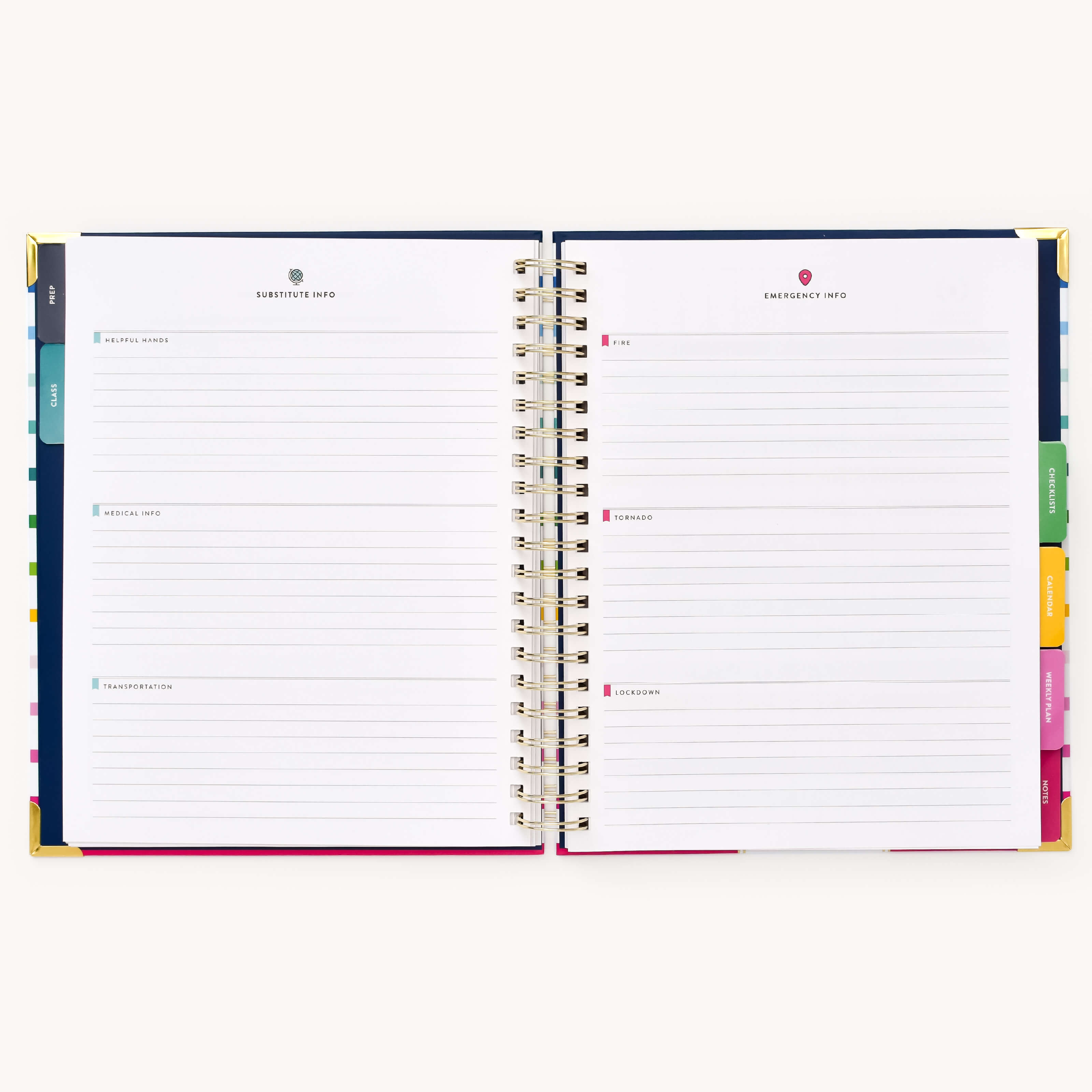 Undated Teacher Planner by Emily Ley open to the Substitute and Emergency Info pages. Features lined sections for helpful hands, medical info, transportation details, fire, tornado, and lockdown procedures.