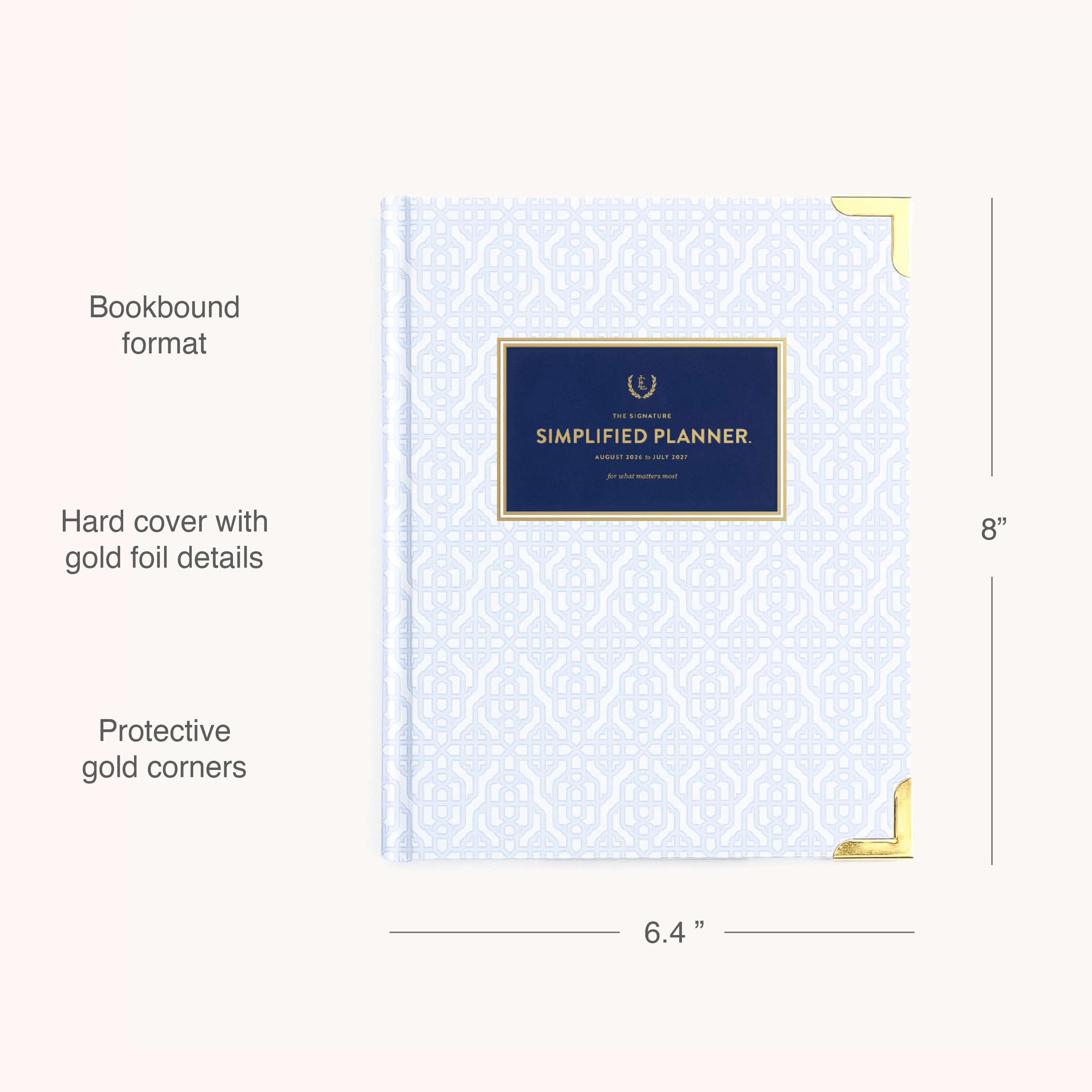 The Simplified 2026-2027 Bookbound Weekly Planner in Carolina Trellis features a blue geometric design, gold foil accents, protective corners, lay-flat binding, and measures 8 x 6.4.